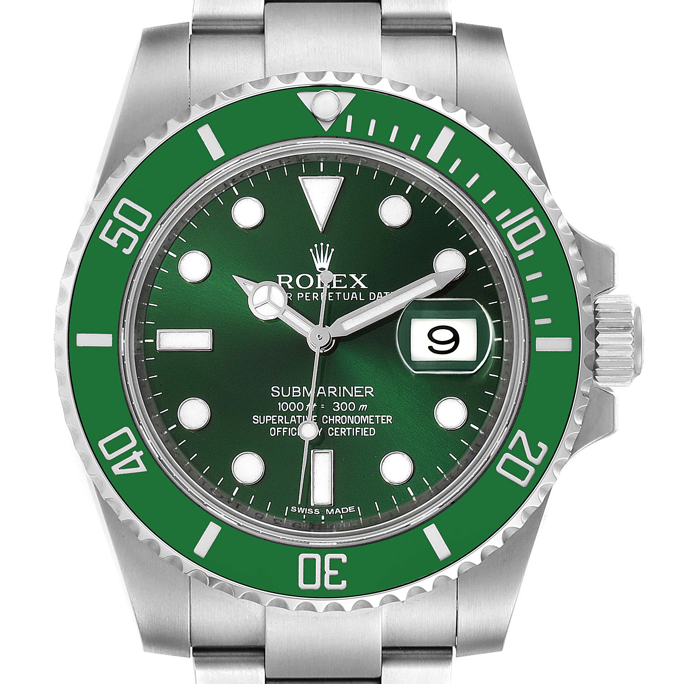 This image shows a front view of a Rolex Submariner 116610LV Men
s Stainless Steel Green Dial 116610LV Men
s Stainless Steel Green Dial with a green bezel and dial, highlighting the face, bezel, and crown.