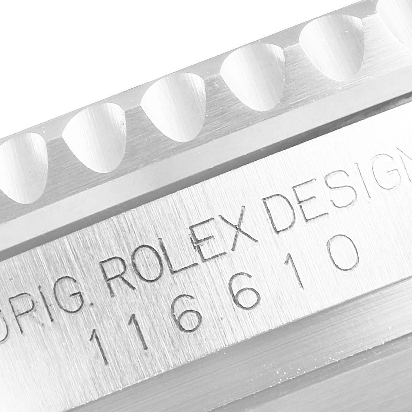 This close-up image shows the engraved bezel and case side of a Rolex Submariner 116610LV Men
s Stainless Steel Green Dial 116610LV Men
s Stainless Steel Green Dial, showcasing the model number 116610.