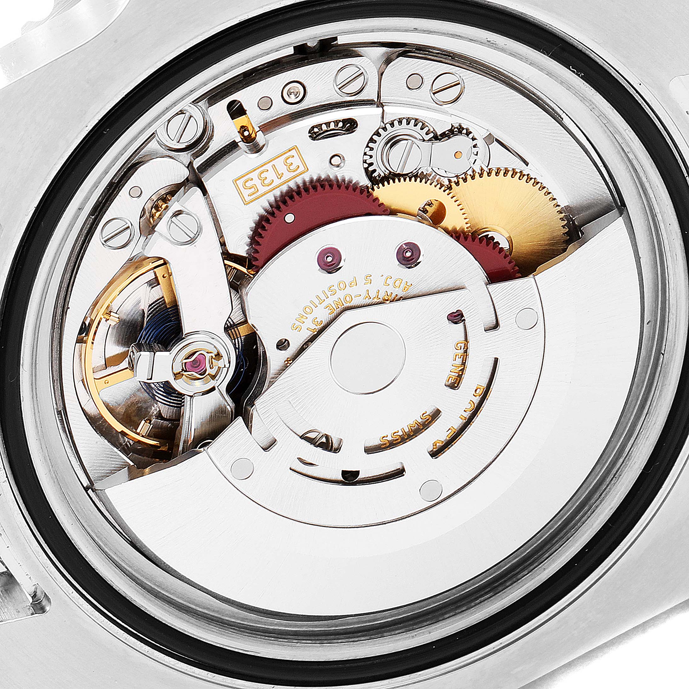 The image shows the inner mechanism and movement of the Rolex Submariner 116610LV Men
s Stainless Steel Green Dial 116610LV Men
s Stainless Steel Green Dial watch at a close-up angle.