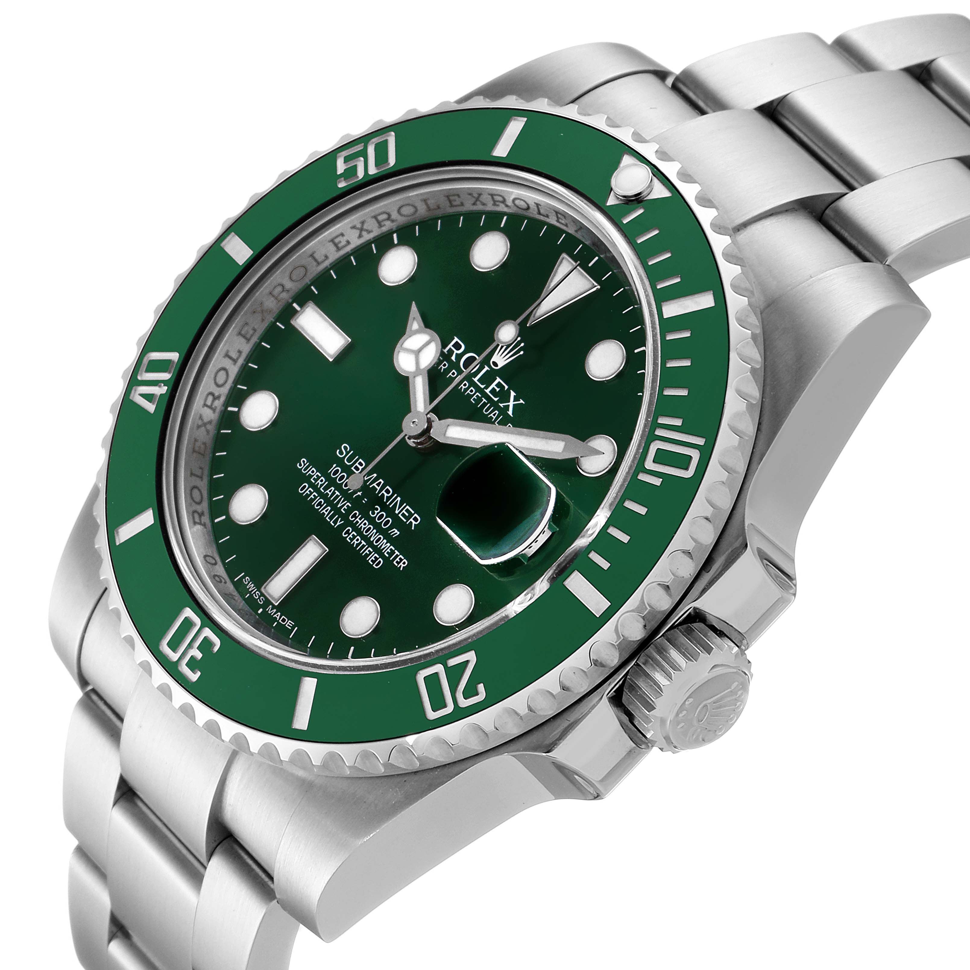This image shows a close-up angled view of the Rolex Submariner 116610LV Men
s Stainless Steel Green Dial 116610LV Men
s Stainless Steel Green Dial watch, highlighting its green dial, bezel, and bracelet.