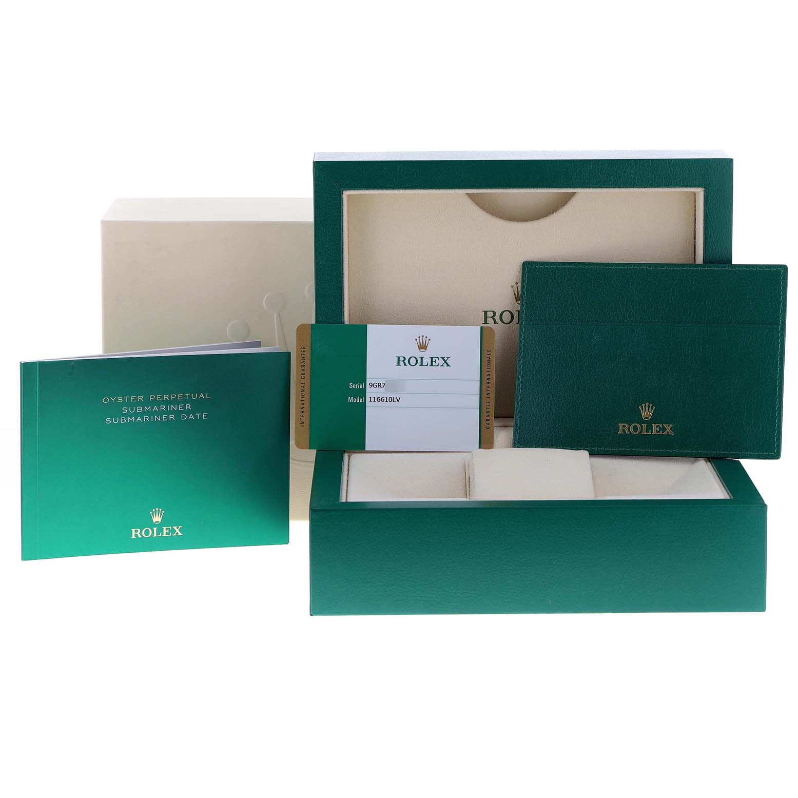The image shows a Rolex Submariner 116610LV Men
s Stainless Steel Green Dial 116610LV Men
s Stainless Steel Green Dial box set, including the watch box, warranty card, booklet, and cardholder.