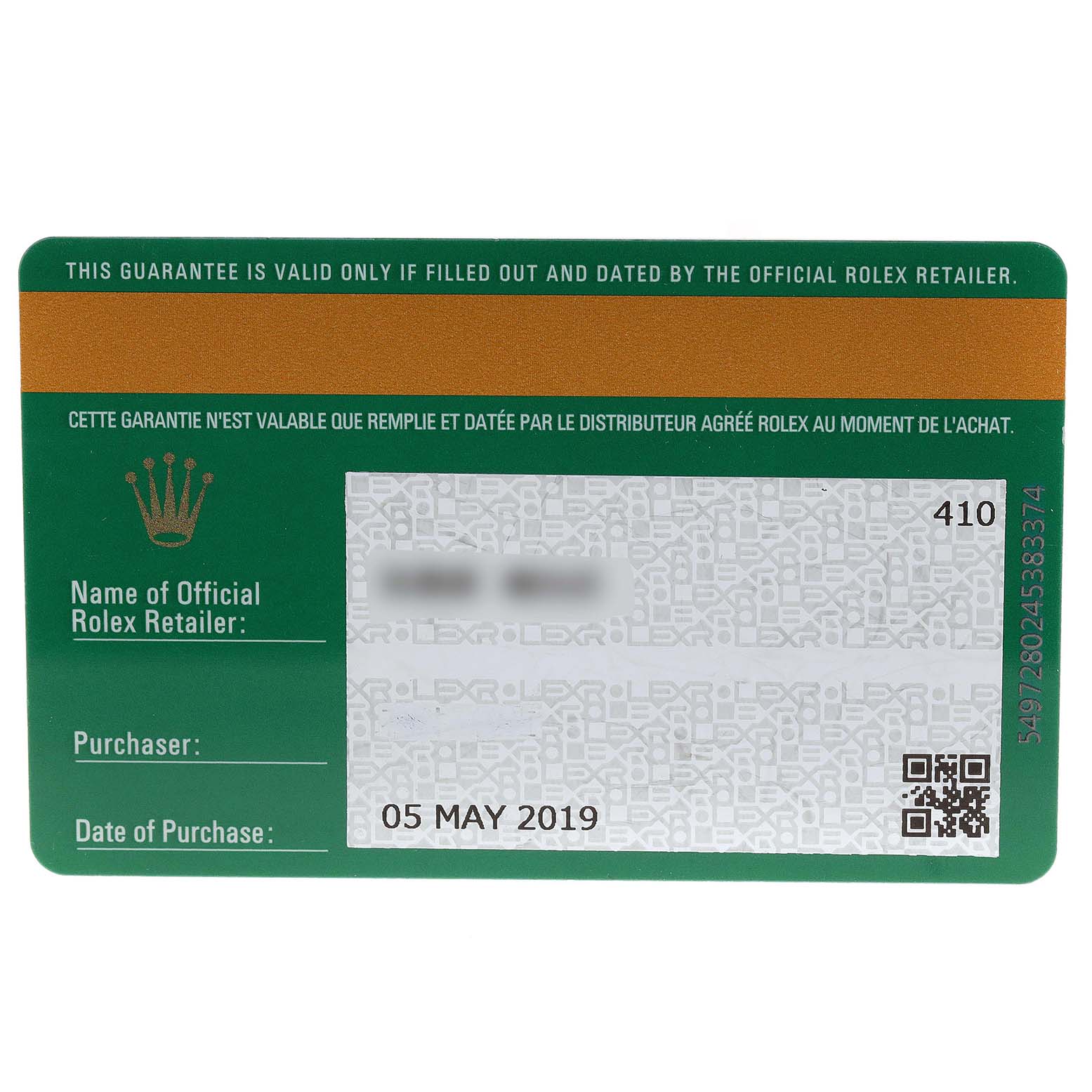 This is the warranty card for a Rolex Submariner 116610LV Men
s Stainless Steel Green Dial 116610LV Men
s Stainless Steel Green Dial watch, showing details like the retailer
s name, purchase date, and a security strip.