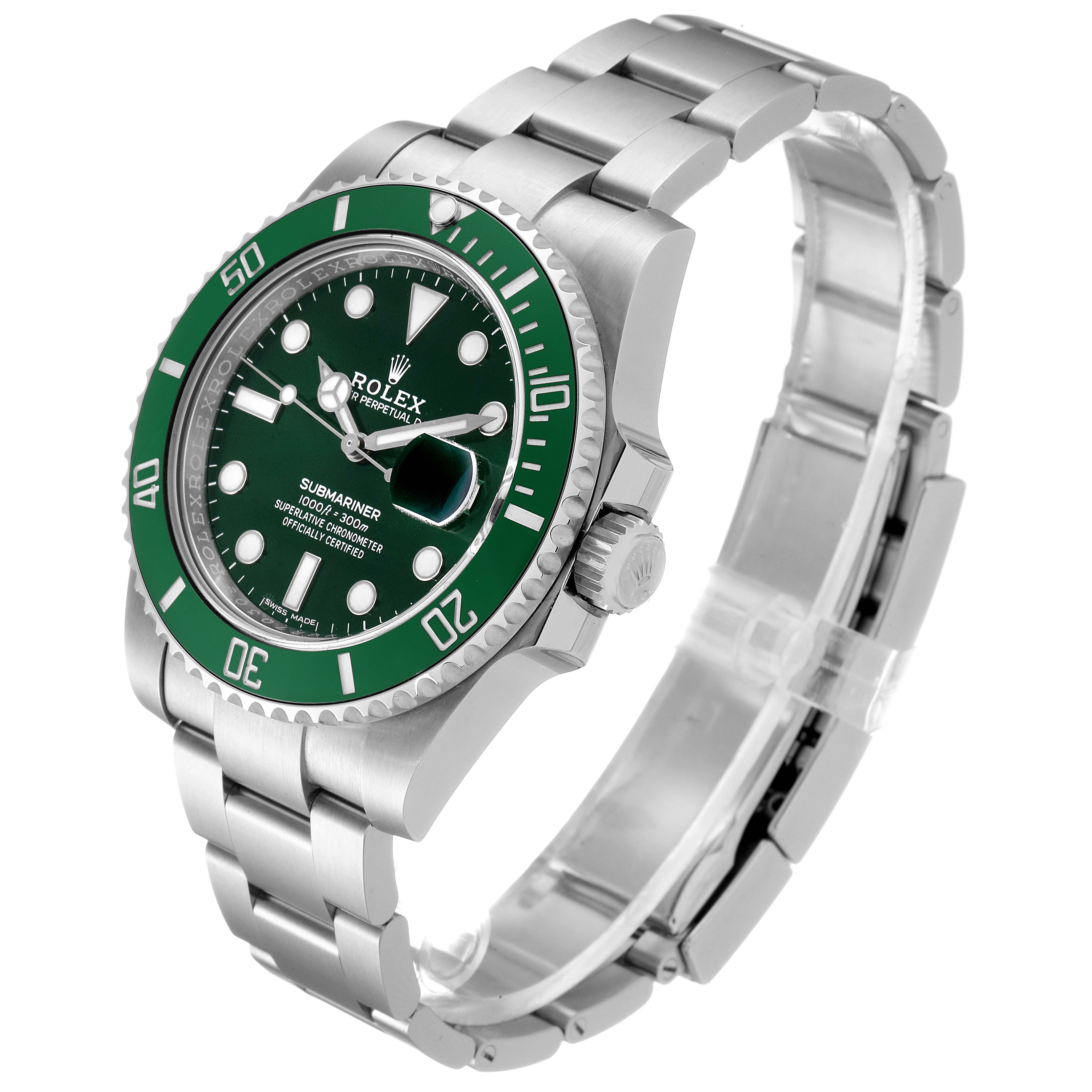 This image shows a Rolex Submariner 116610LV Men
s Stainless Steel Green Dial 116610LV Men
s Stainless Steel Green Dial watch from a 3/4 front angle, displaying the green bezel, dial, and stainless steel bracelet.