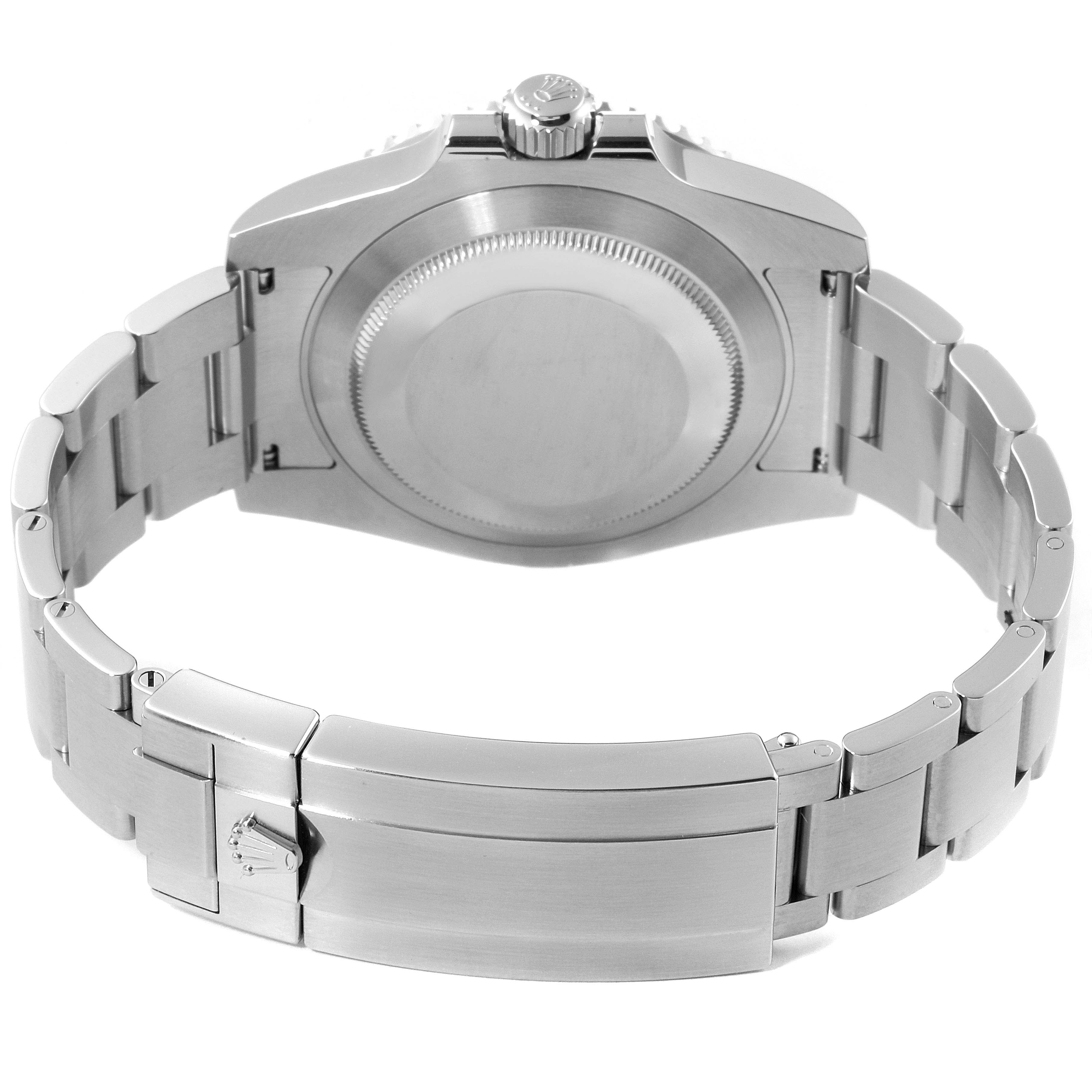 This image shows the back and clasp of the bracelet of a Rolex Submariner 116610LV Men
s Stainless Steel Green Dial 116610LV Men
s Stainless Steel Green Dial watch, viewed from the rear.