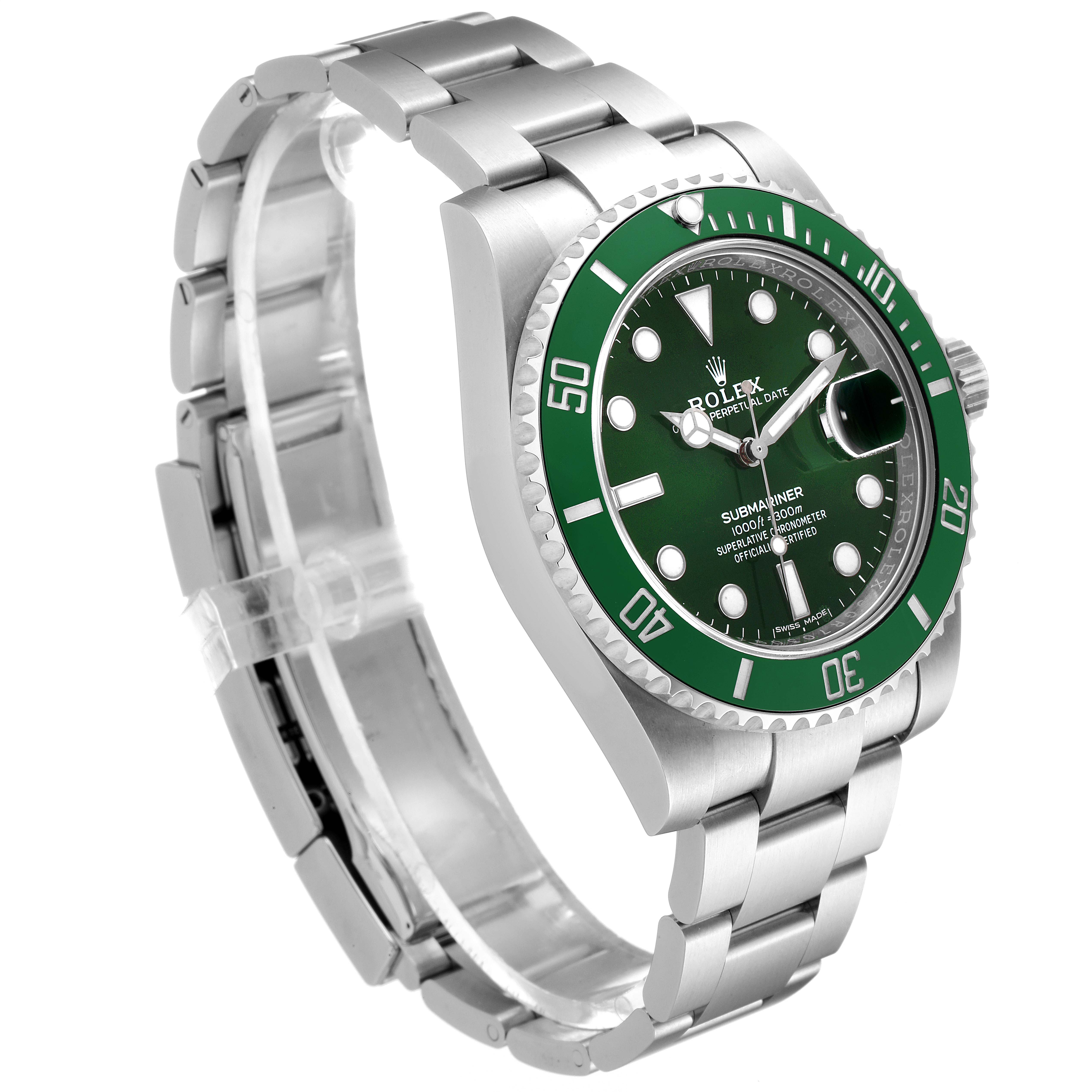 The image shows a Rolex Submariner 116610LV Men
s Stainless Steel Green Dial 116610LV Men
s Stainless Steel Green Dial watch from a three-quarter angle, displaying the green bezel, face, and stainless steel bracelet.