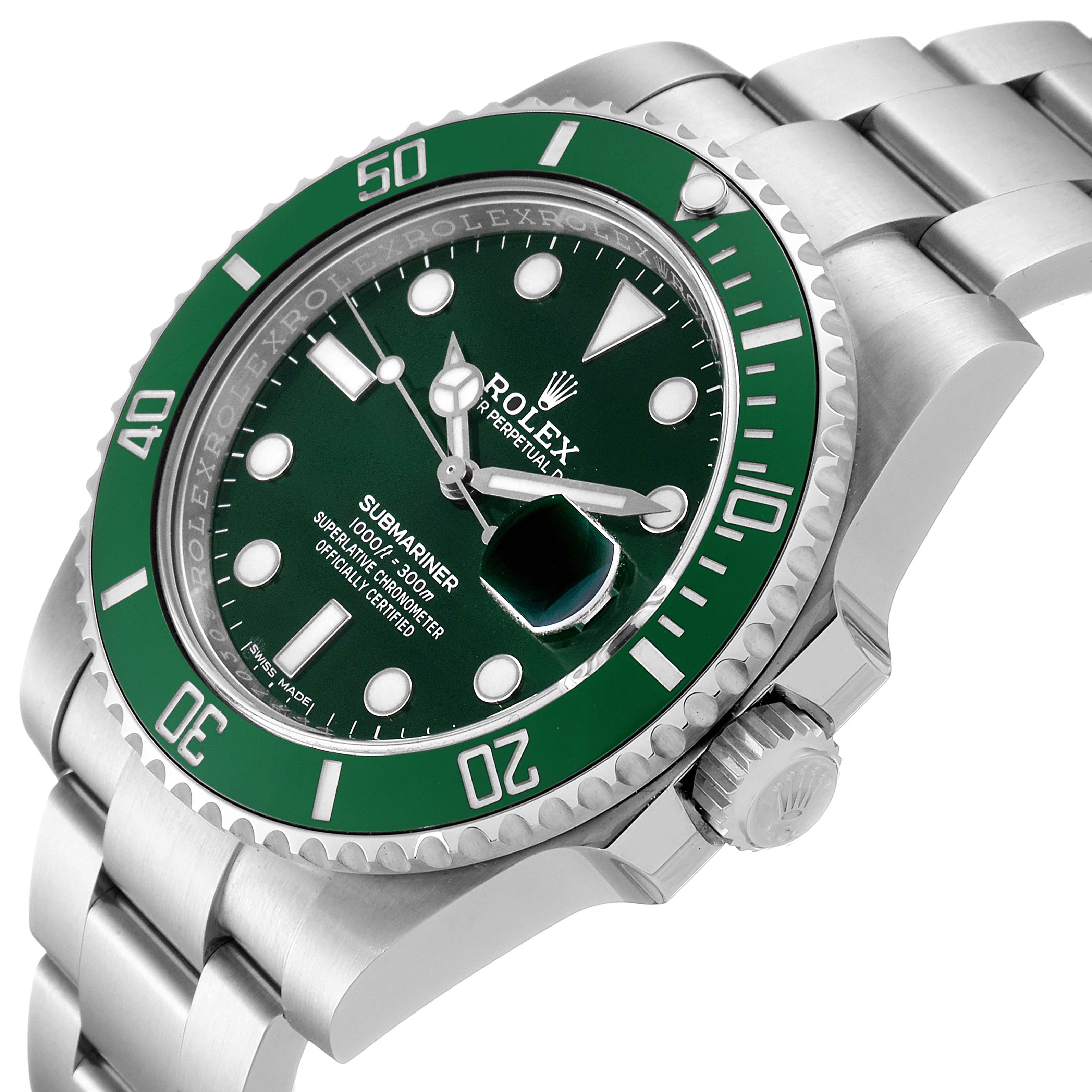 This image displays a Rolex Submariner 116610LV Men
s Stainless Steel Green Dial 116610LV Men
s Stainless Steel Green Dial watch from an angled view, highlighting the green bezel, dial, and bracelet.