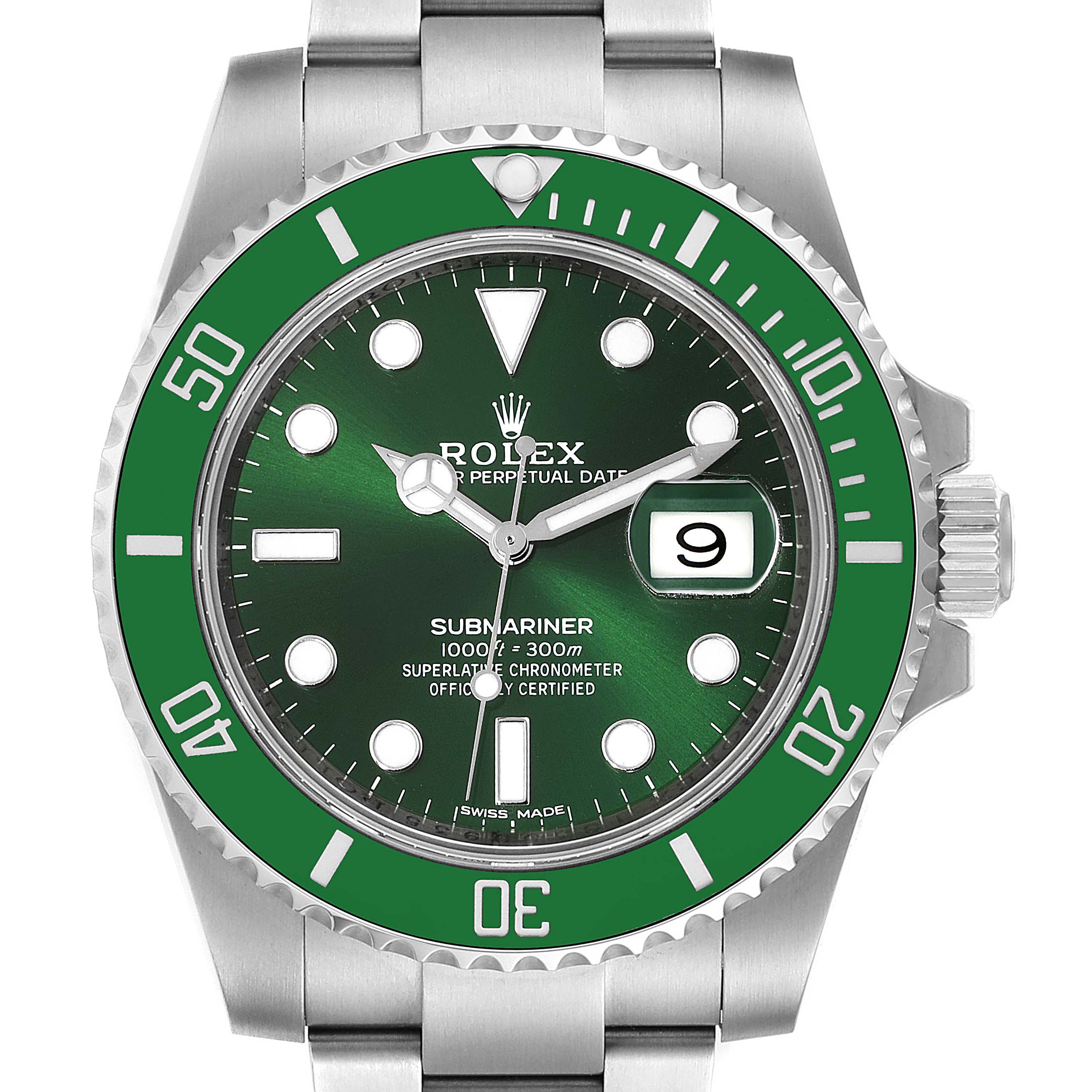 Front view of a Rolex Submariner 116610LV Men
s Stainless Steel Green Dial 116610LV Men
s Stainless Steel Green Dial watch, showing the green bezel, dial, date window, and part of the stainless steel bracelet.