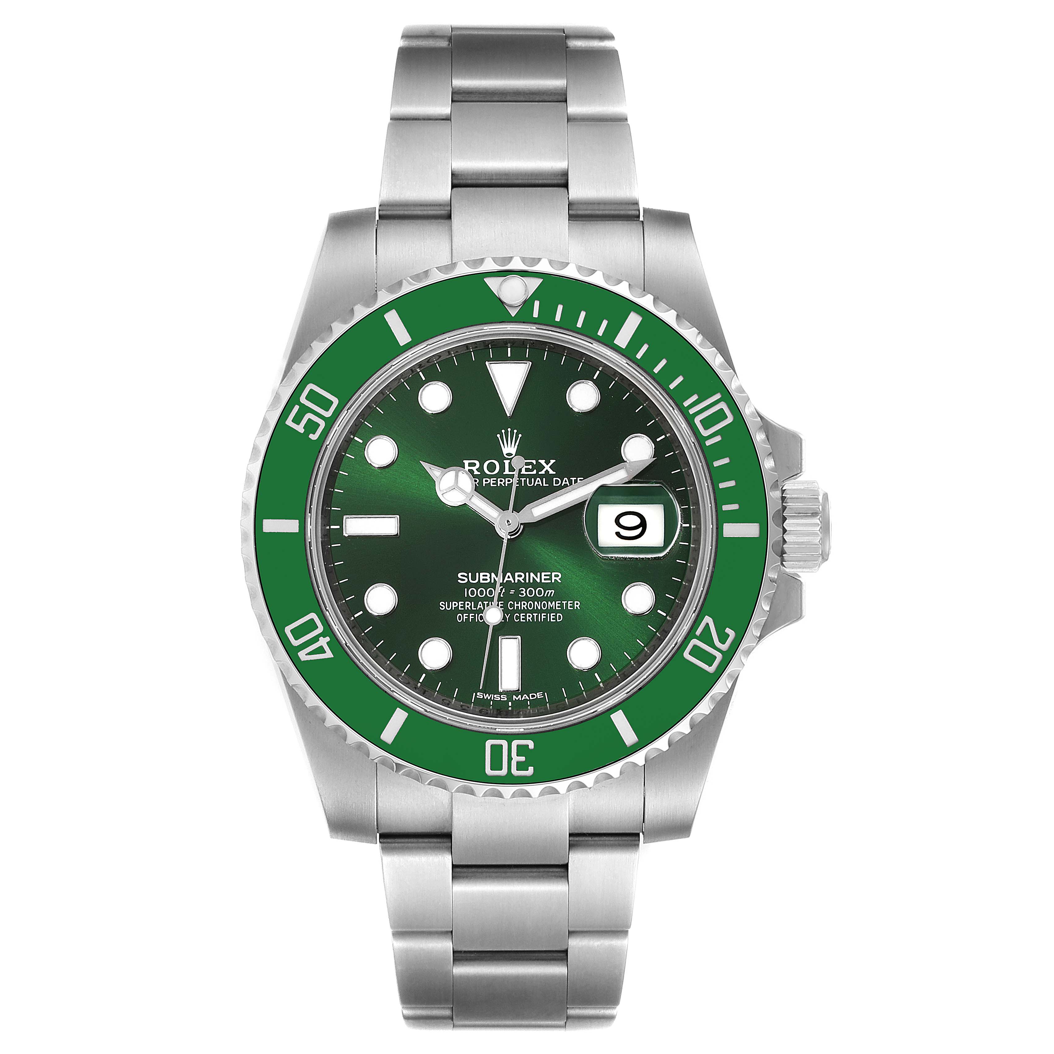 This image shows a front view of a Rolex Submariner 116610LV Men
s Stainless Steel Green Dial 116610LV Men
s Stainless Steel Green Dial watch, displaying the green bezel, dial, and stainless steel bracelet.
