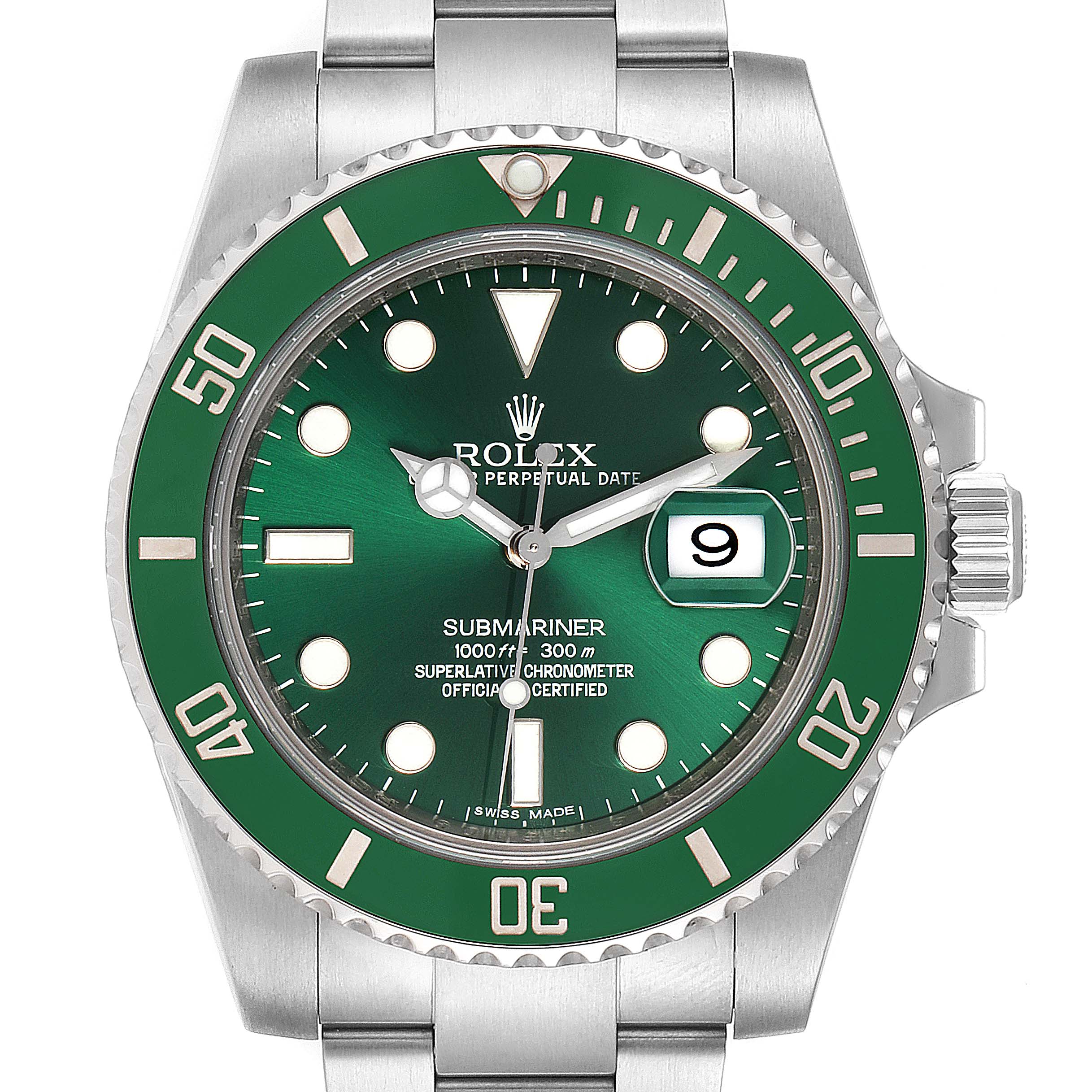 The image shows a front view of a Rolex Submariner 116610LV Men's Stainless Steel Green Dial 116610LV Men's Stainless Steel Green Dial watch, highlighting its green bezel and dial, date display, and crown.