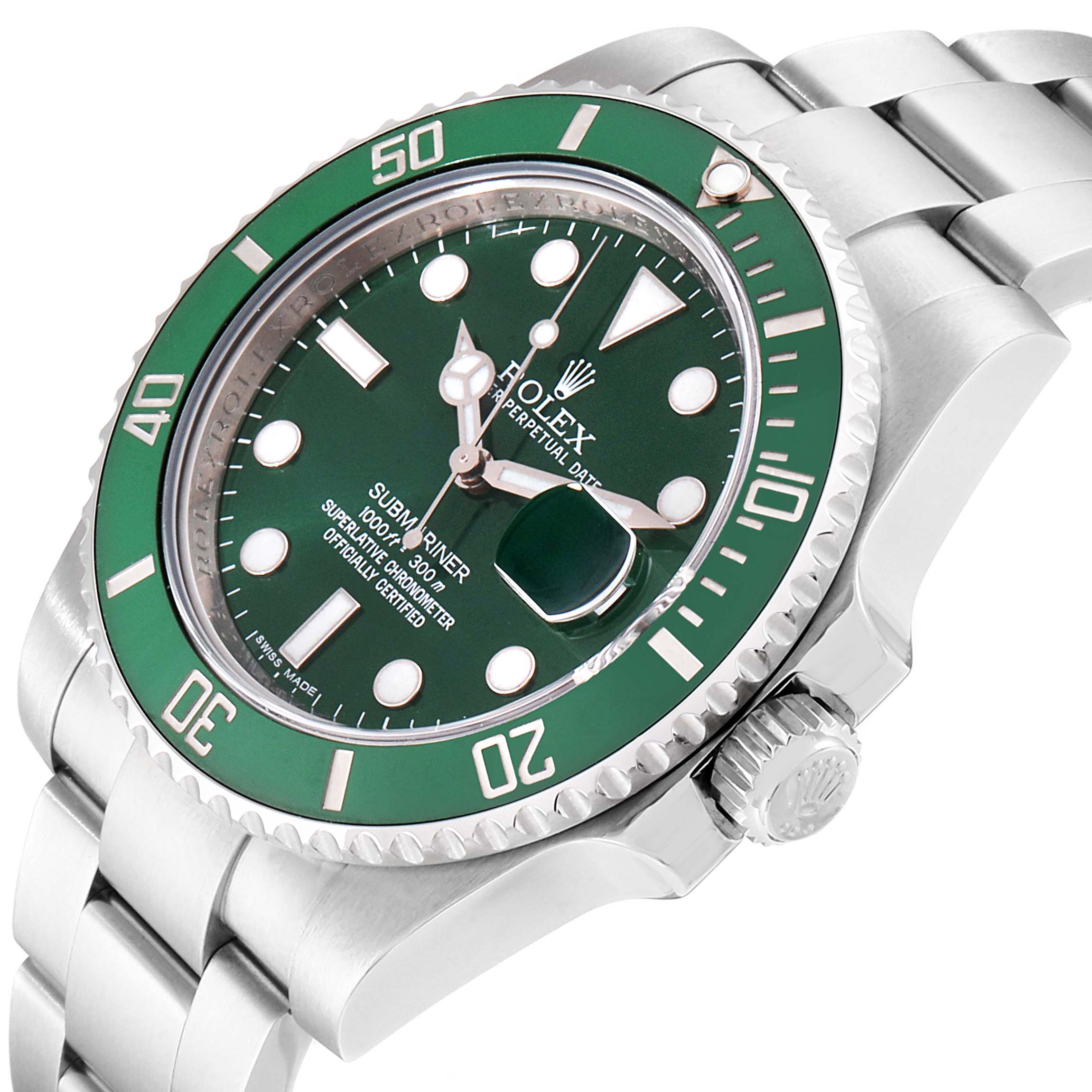 The green Rolex Submariner 116610LV Men's Stainless Steel Green Dial 116610LV Men's Stainless Steel Green Dial watch is shown from an angled front perspective, highlighting the dial, bezel, crown, and bracelet.