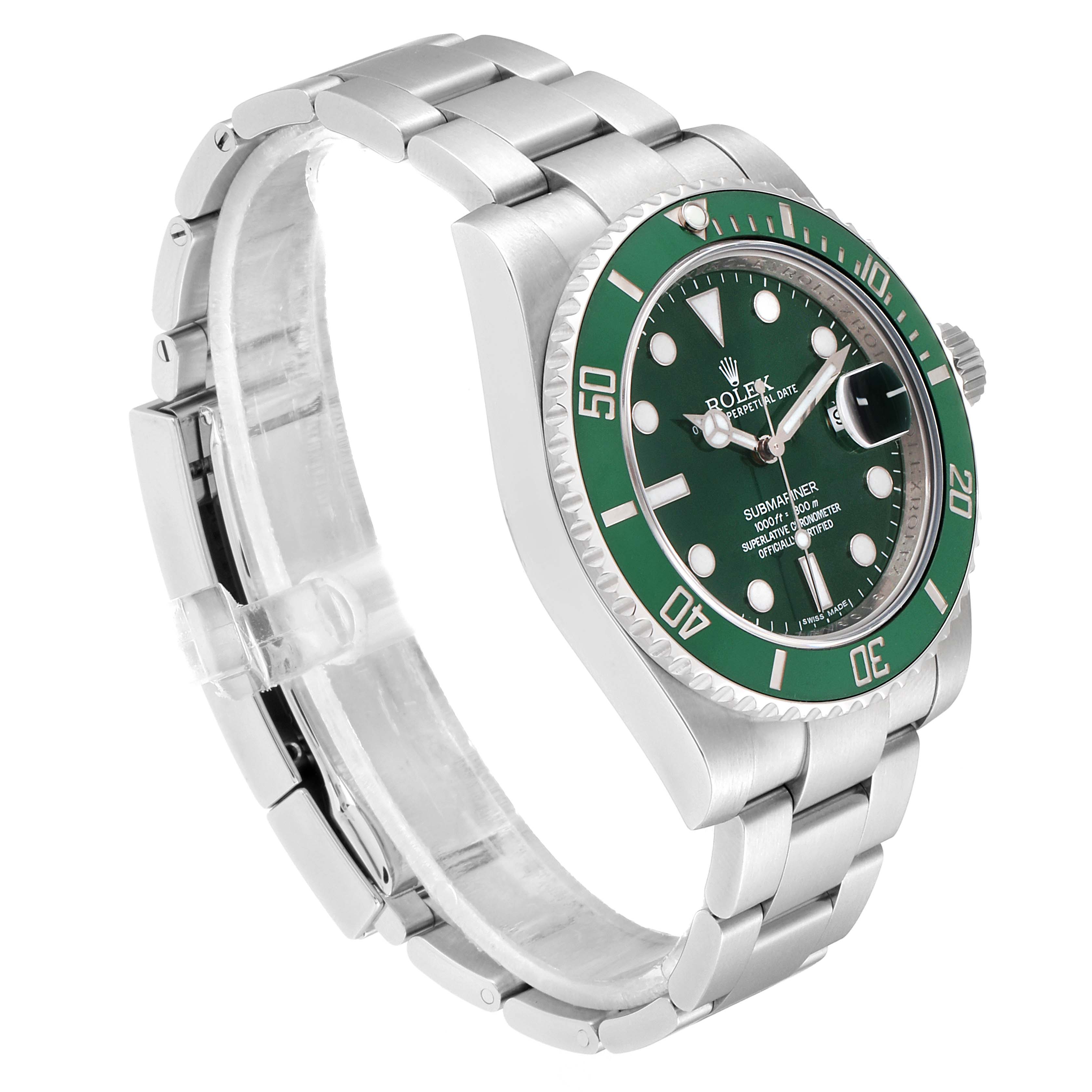 This image shows a Rolex Submariner 116610LV Men's Stainless Steel Green Dial 116610LV Men's Stainless Steel Green Dial watch at a 3/4 angle, displaying the green bezel, dial, and stainless steel bracelet.