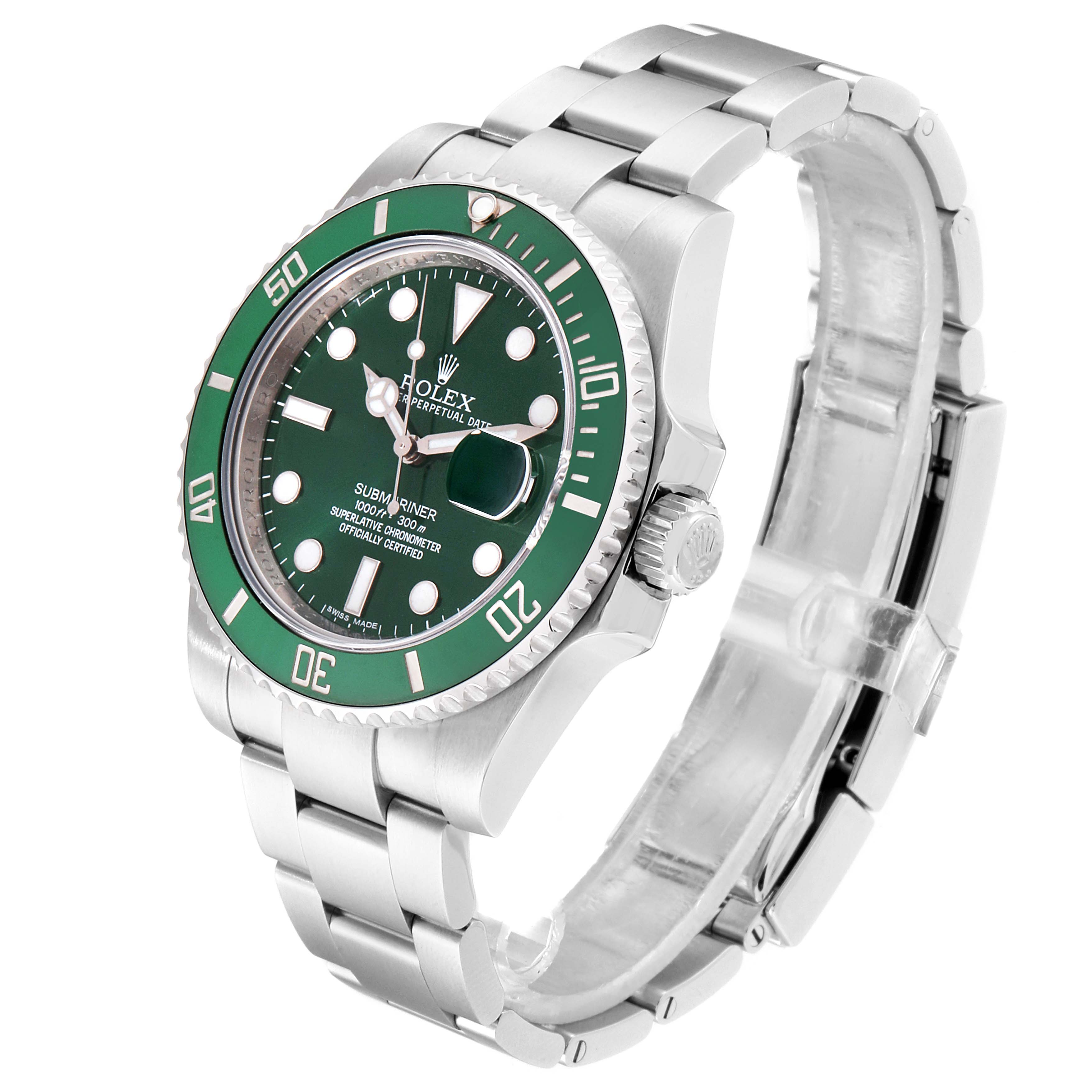 The image shows a Rolex Submariner 116610LV Men's Stainless Steel Green Dial 116610LV Men's Stainless Steel Green Dial watch at a slight angle, highlighting its green dial, bezel, and stainless steel bracelet.