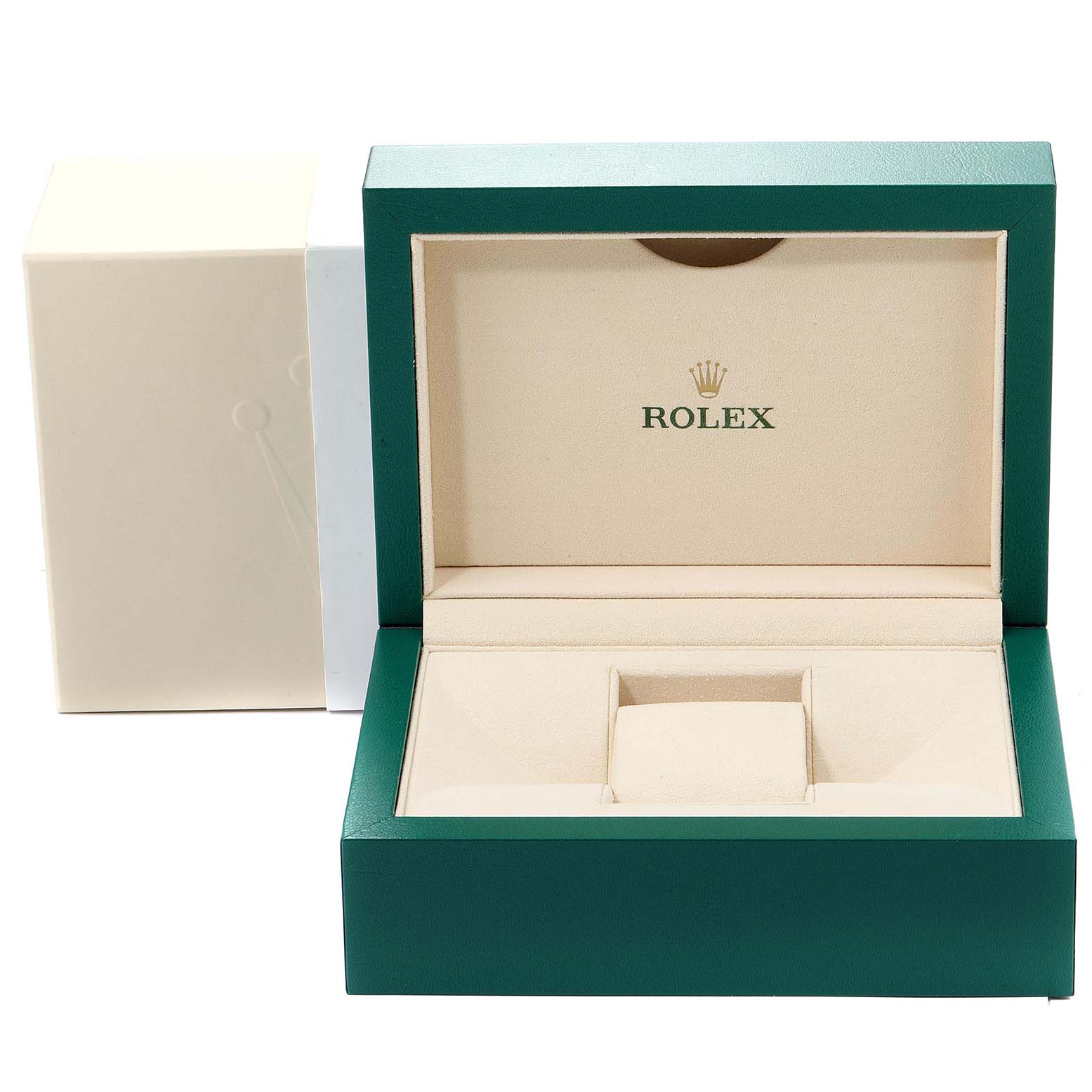 This image shows an empty, open Rolex Submariner 116610LV Men's Stainless Steel Green Dial 116610LV Men's Stainless Steel Green Dial watch box and outer packaging from a front angle.