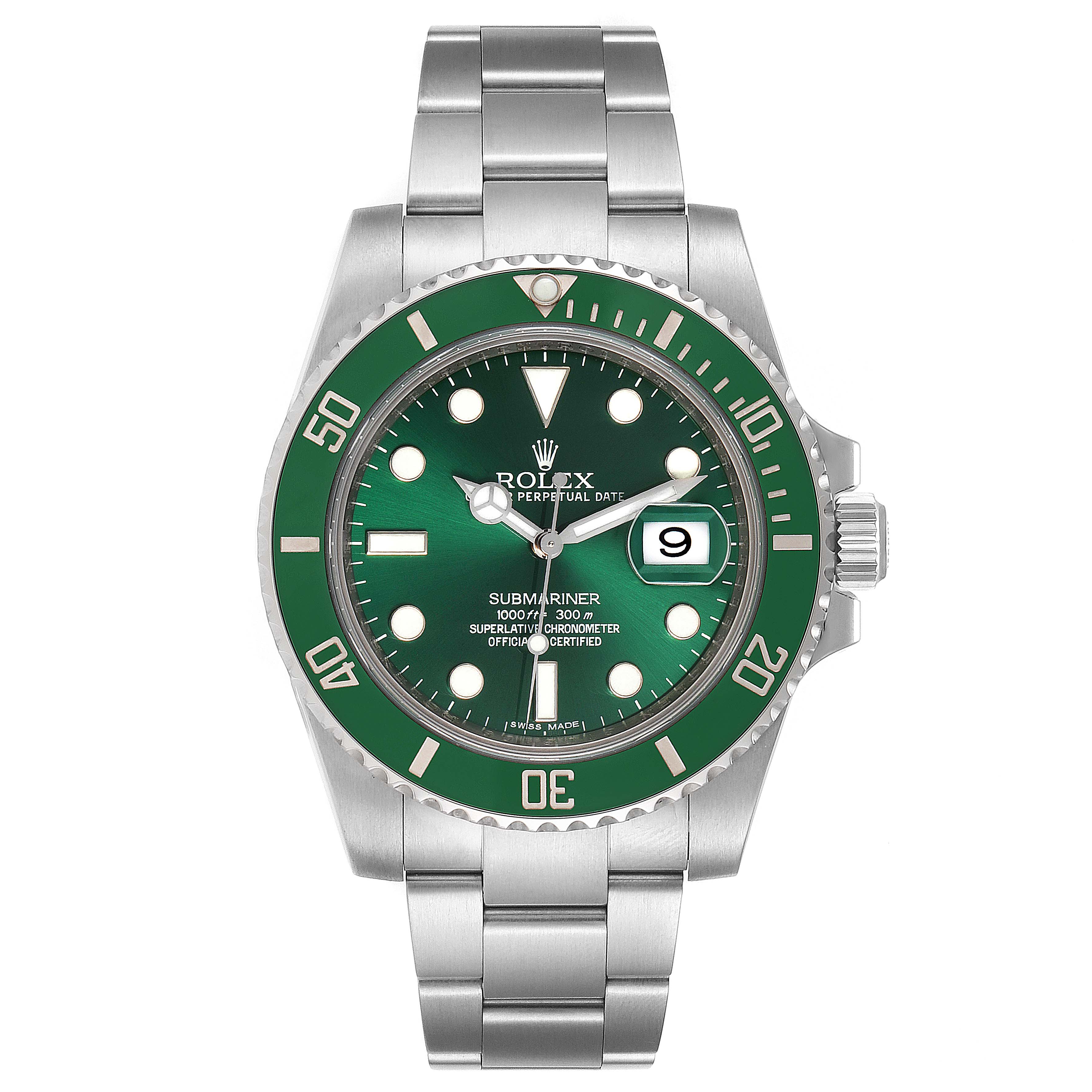 This image shows a front view of a Rolex Submariner 116610LV Men's Stainless Steel Green Dial 116610LV Men's Stainless Steel Green Dial watch with a green dial, rotating bezel, and stainless steel bracelet.
