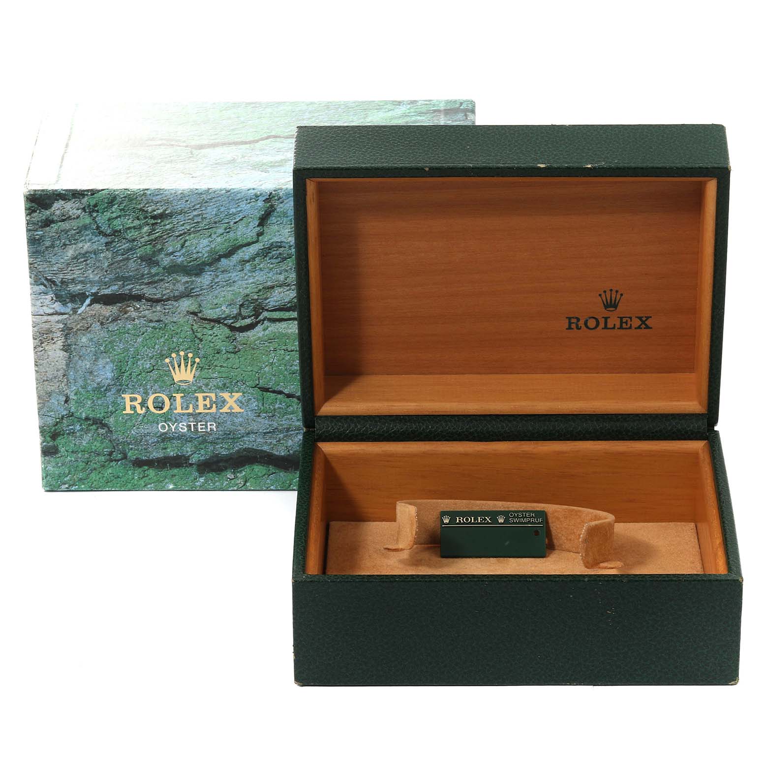 The image shows an open Rolex Submariner 14060 Men
s Stainless Steel Black Dial 14060 Men
s Stainless Steel Black Dial watch box and its outer packaging from a front angle.