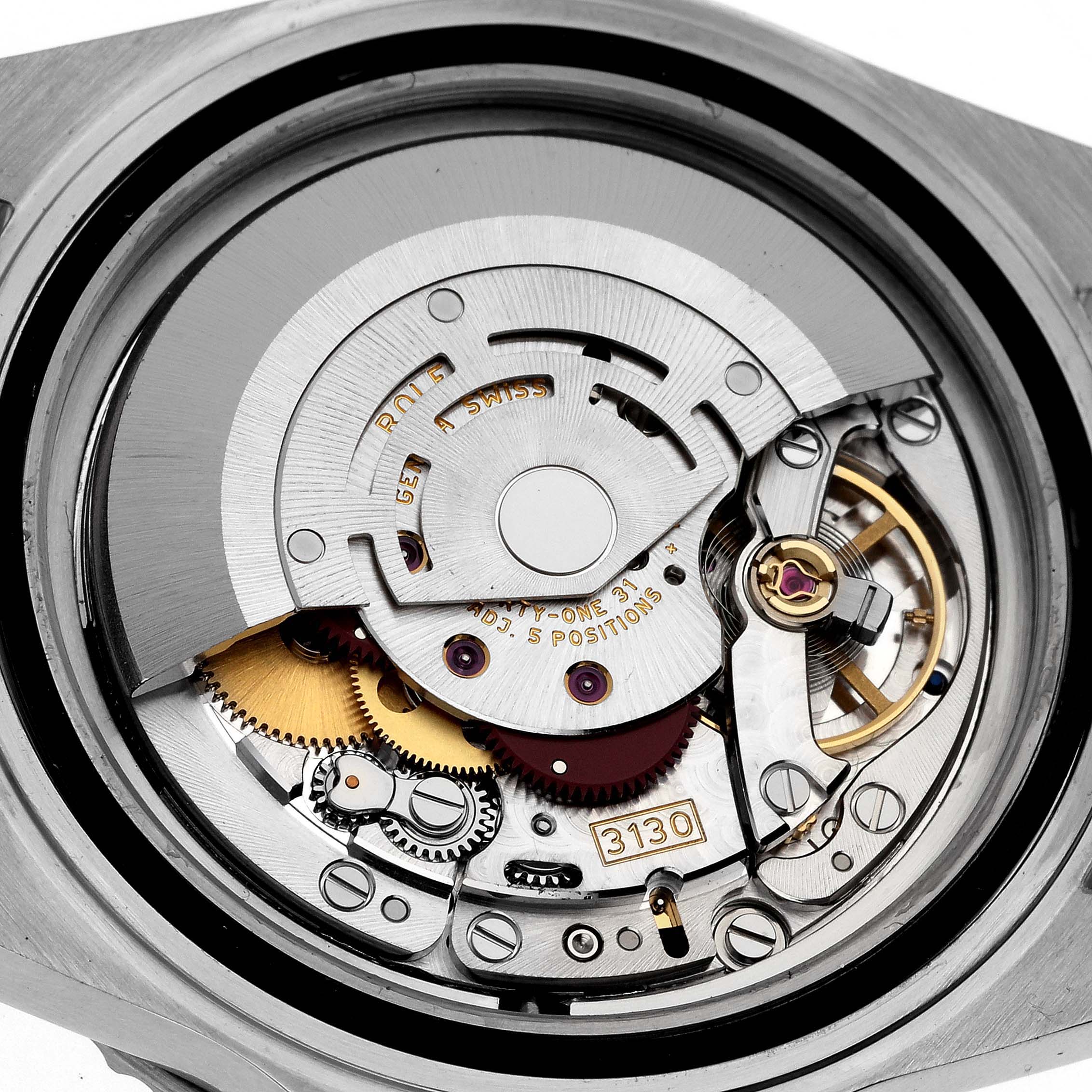 This image shows the internal movement and components of a Rolex Submariner 14060 Men
s Stainless Steel Black Dial 14060 Men
s Stainless Steel Black Dial watch from a rear angle.