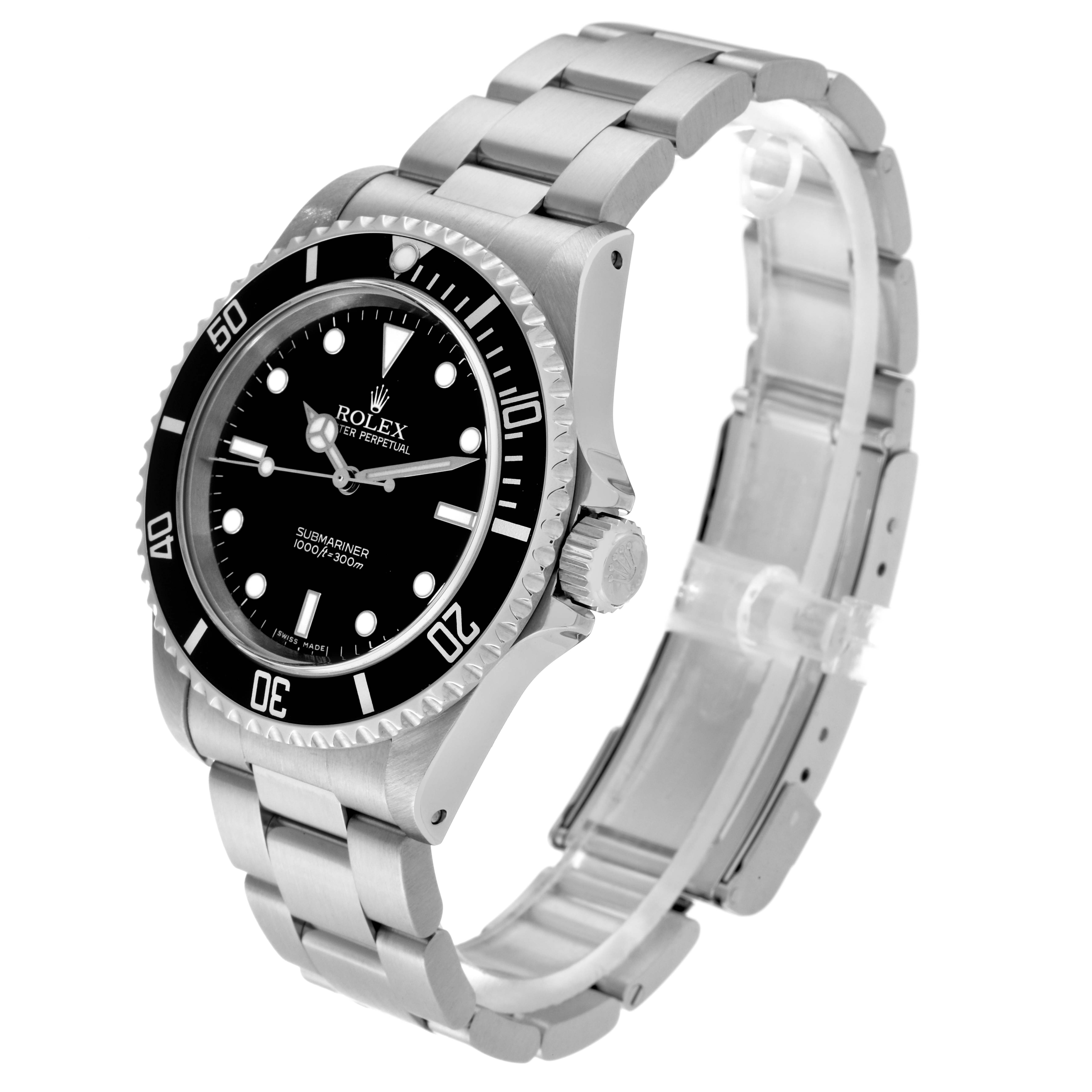 This image shows a Rolex Submariner 14060 Men
s Stainless Steel Black Dial 14060 Men
s Stainless Steel Black Dial watch at a slight angle, displaying its face, bezel, crown, and bracelet.