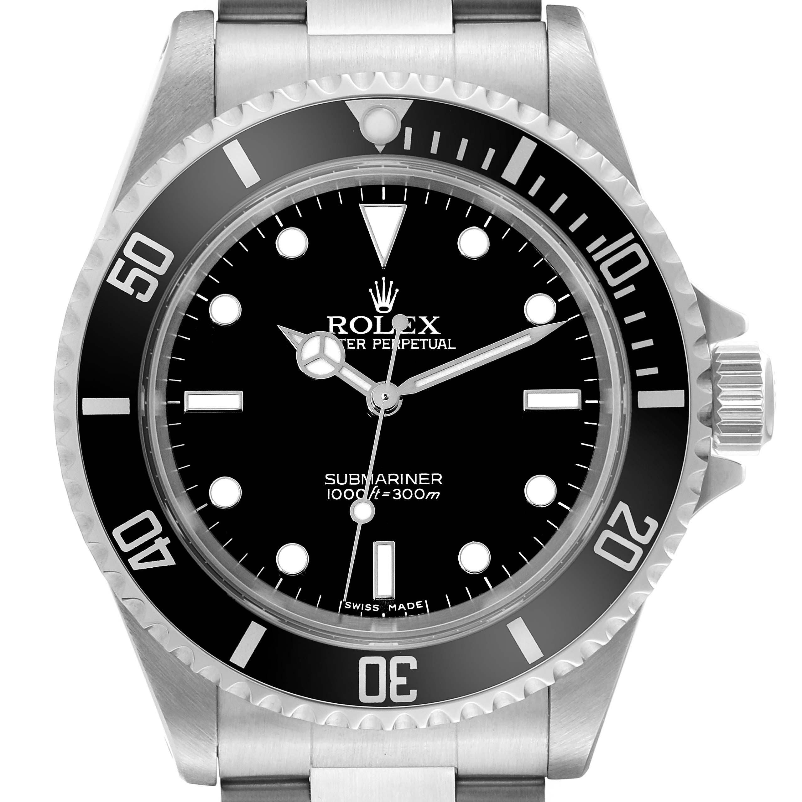 The image shows a front view of the Rolex Submariner 14060 Men
s Stainless Steel Black Dial 14060 Men
s Stainless Steel Black Dial watch, highlighting the dial, bezel, and bracelet.