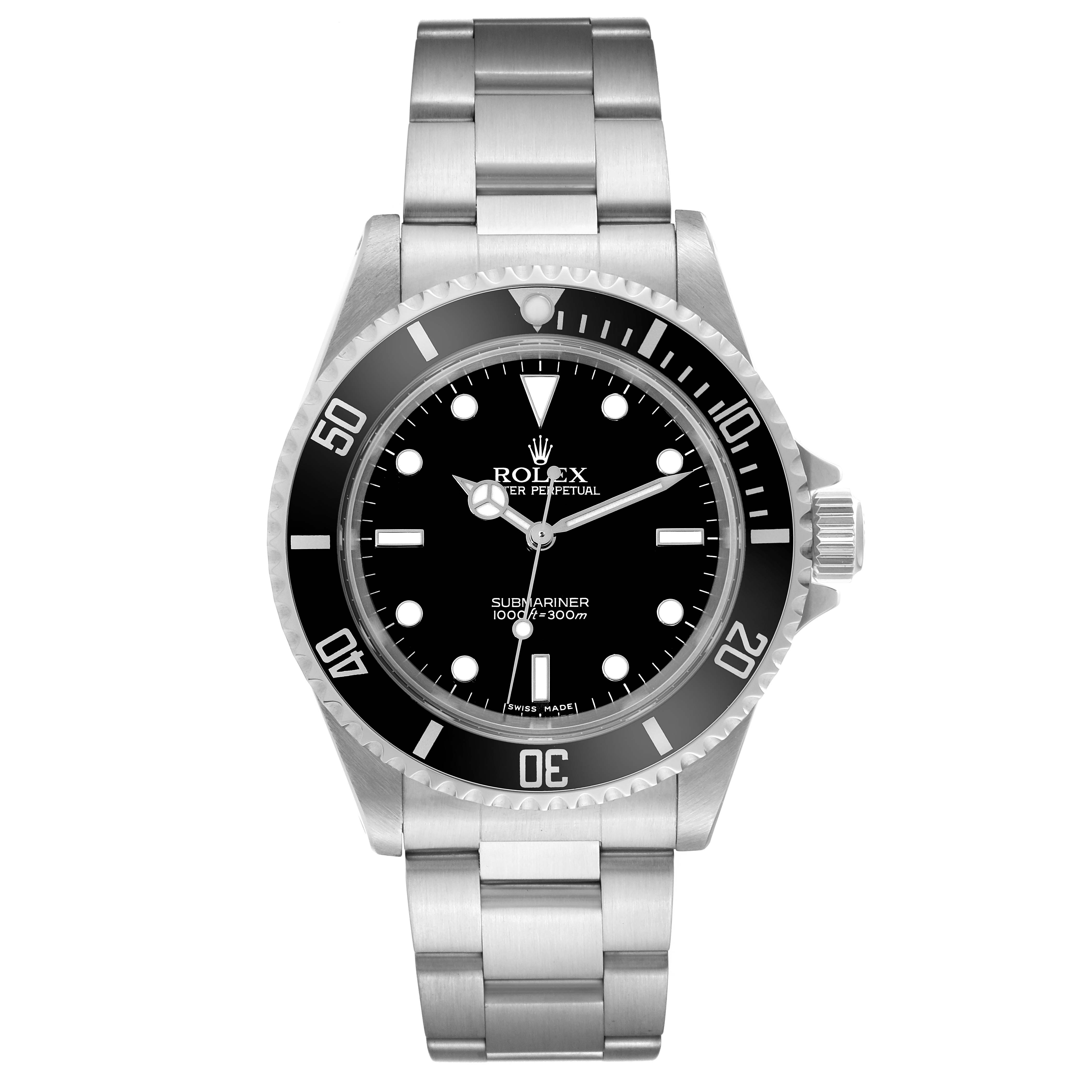 The image shows a front view of the Rolex Submariner 14060 Men
s Stainless Steel Black Dial 14060 Men
s Stainless Steel Black Dial watch, highlighting its dial, bezel, and bracelet.