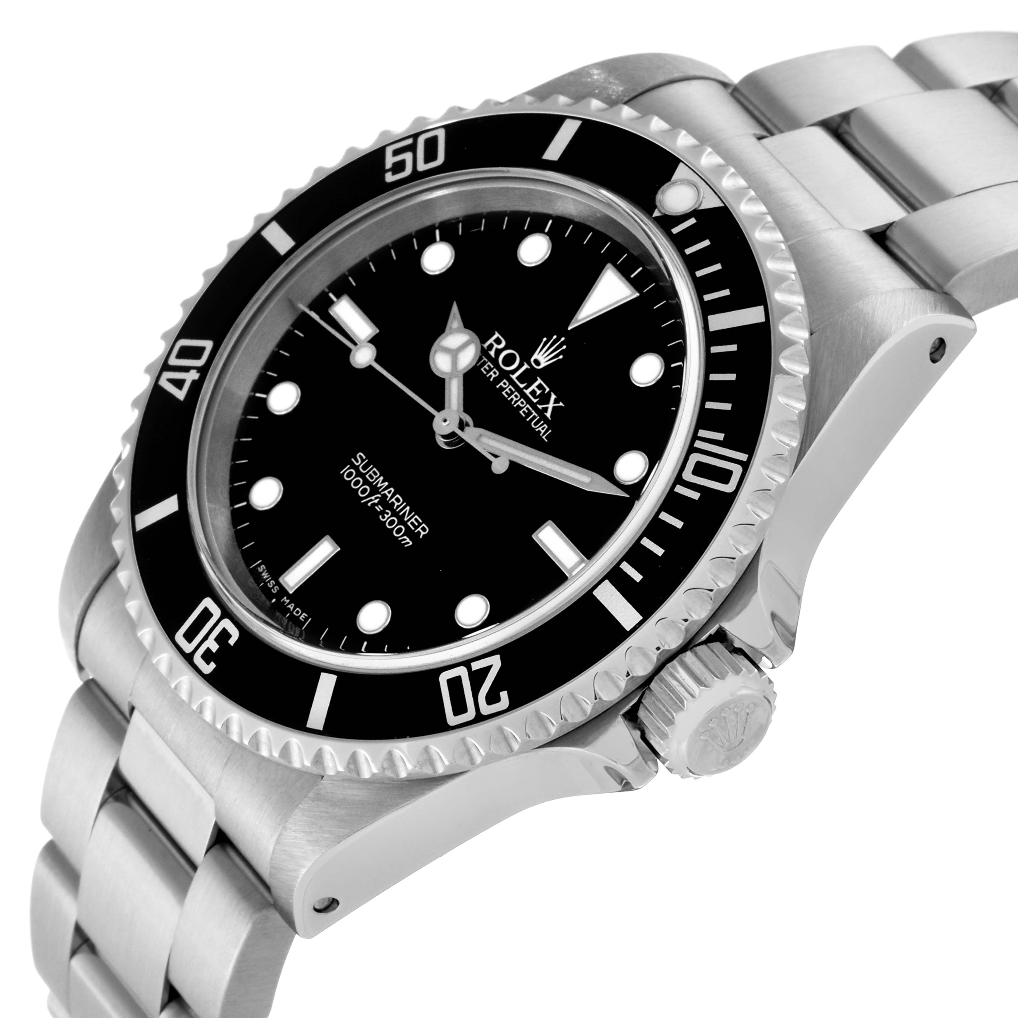 This image shows a side and face view of the Rolex Submariner 14060 Men
s Stainless Steel Black Dial 14060 Men
s Stainless Steel Black Dial watch, highlighting the dial, bezel, and bracelet.