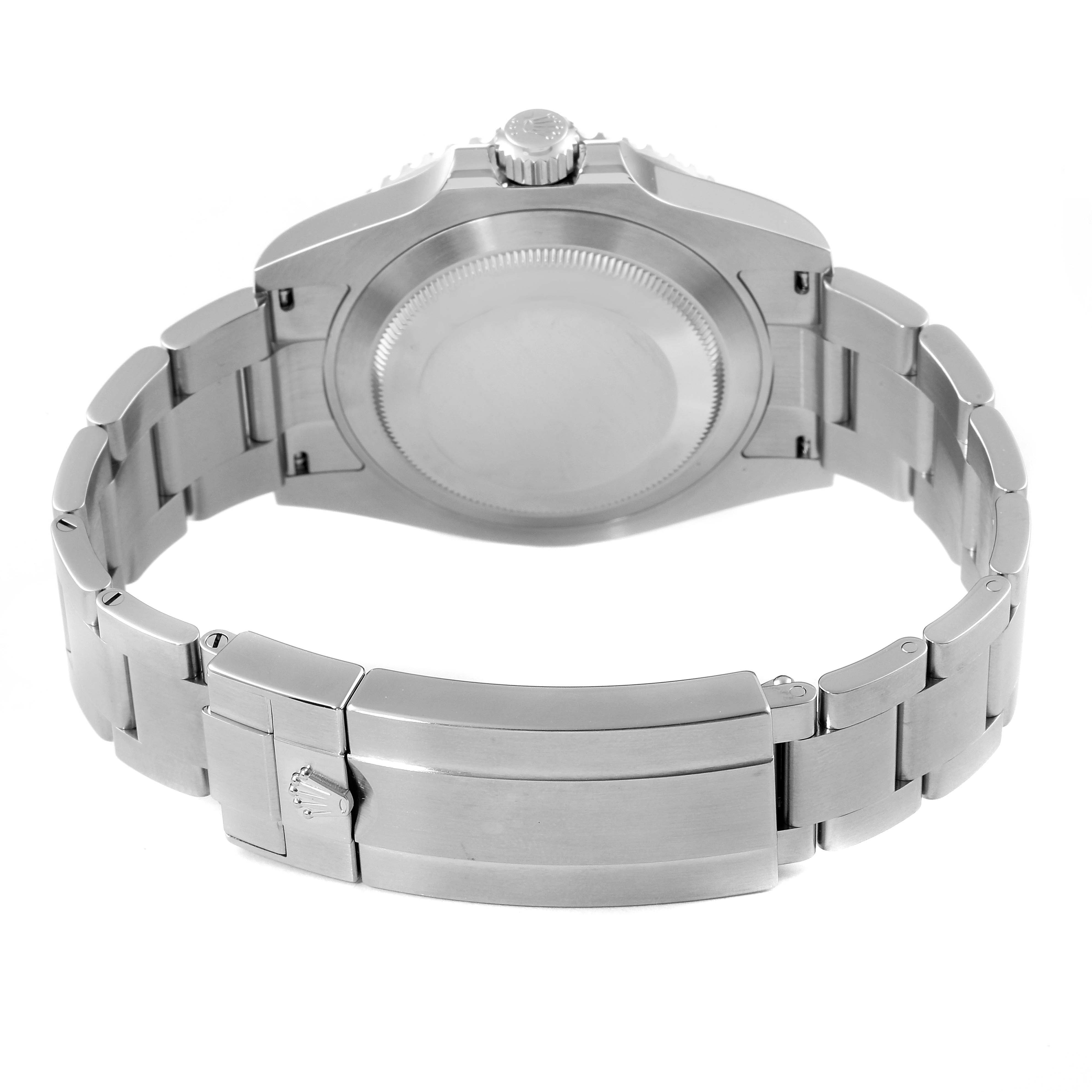 The image shows the back view of a Rolex Submariner 124060 Men
s Stainless Steel Black Dial 124060 Men
s Stainless Steel Black Dial watch, displaying its metal bracelet and clasp.