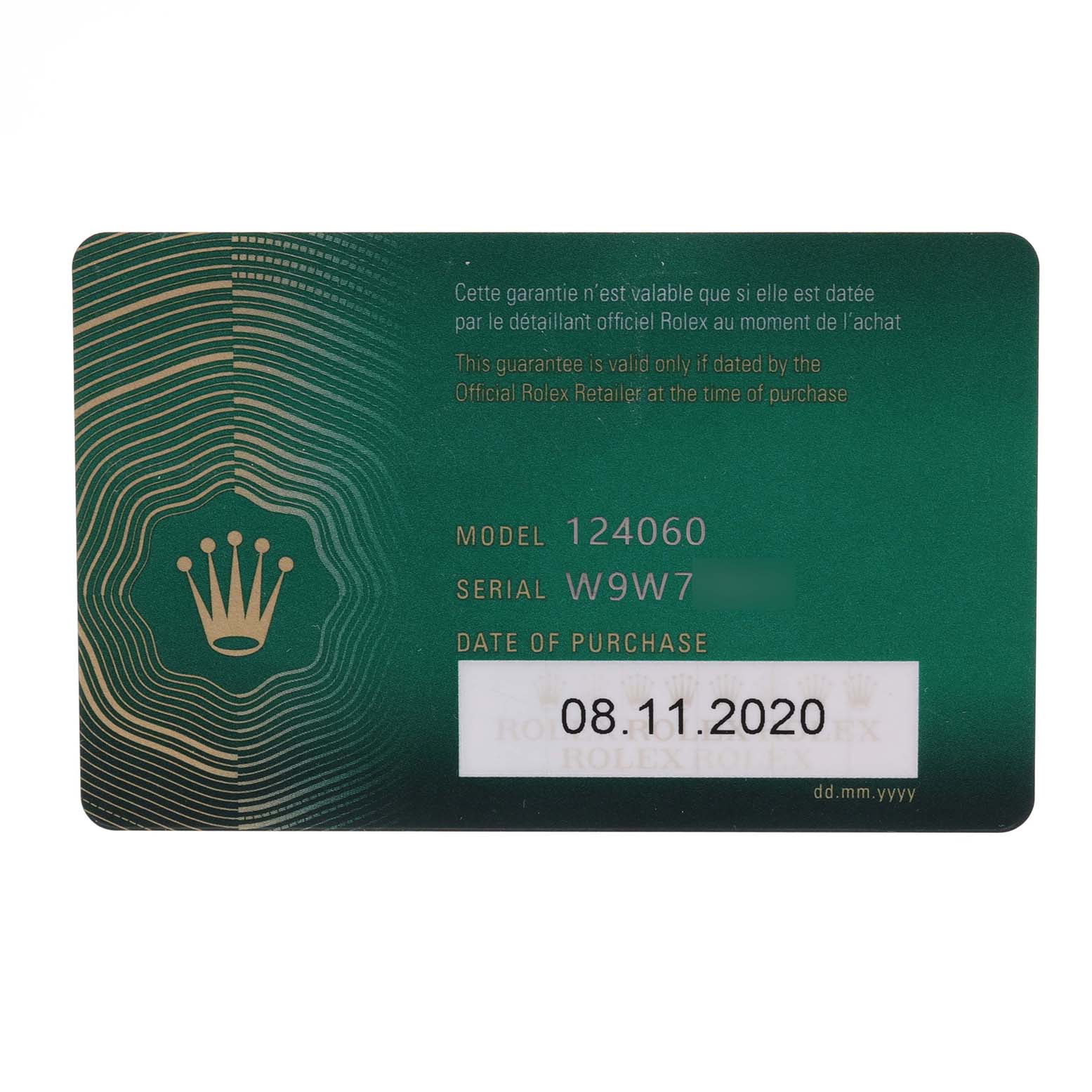 This image shows the guarantee card for a Rolex Submariner 124060 Men
s Stainless Steel Black Dial 124060 Men
s Stainless Steel Black Dial model 124060, displaying the model, serial number, and date of purchase.