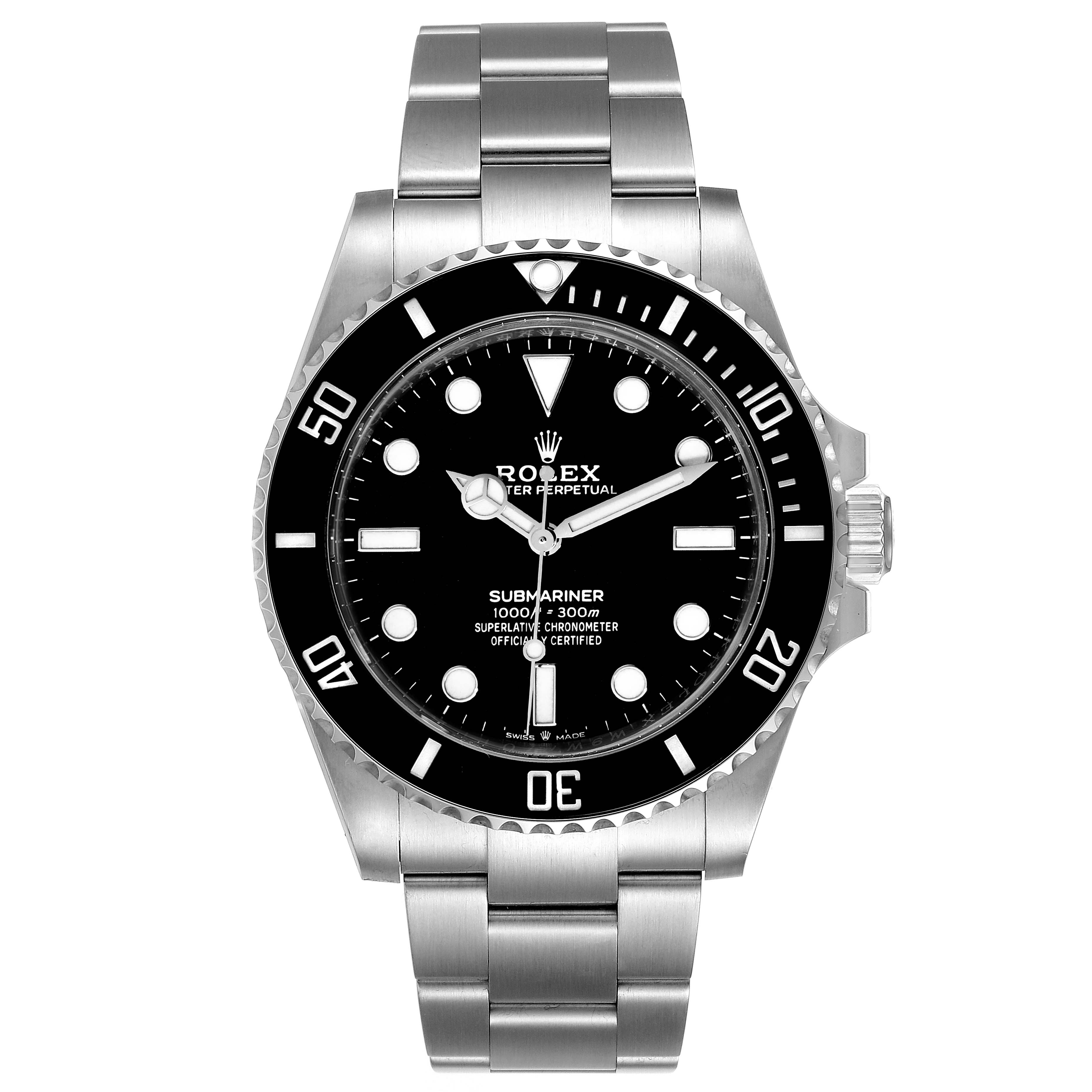 This is a front view of the Rolex Submariner 124060 Men
s Stainless Steel Black Dial 124060 Men
s Stainless Steel Black Dial showing the dial, bezel, and bracelet.