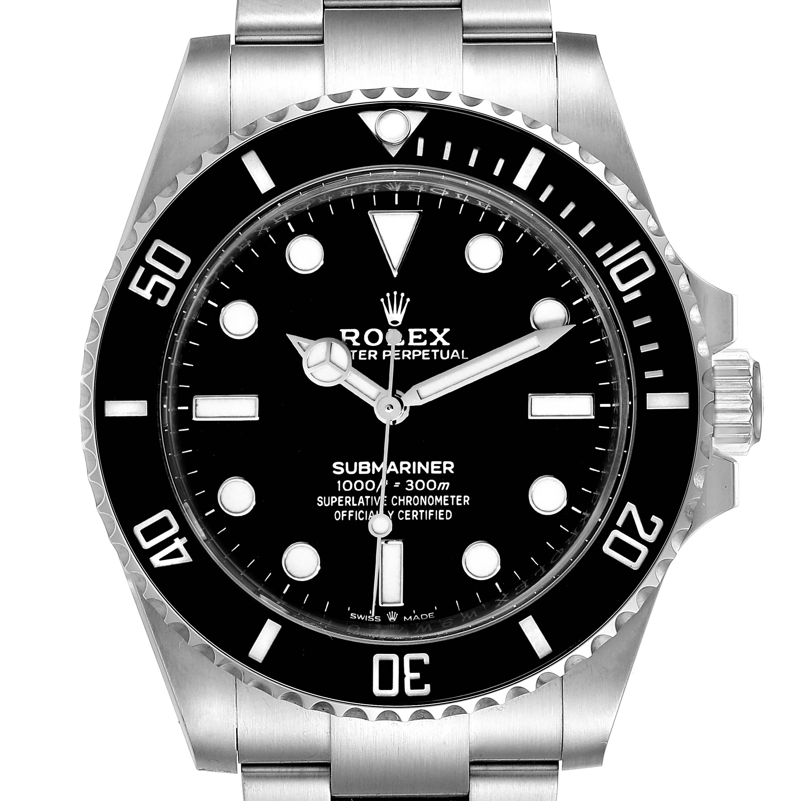 The Rolex Submariner 124060 Men
s Stainless Steel Black Dial 124060 Men
s Stainless Steel Black Dial watch is shown from a top-down angle, displaying its face, bezel, and part of the bracelet.