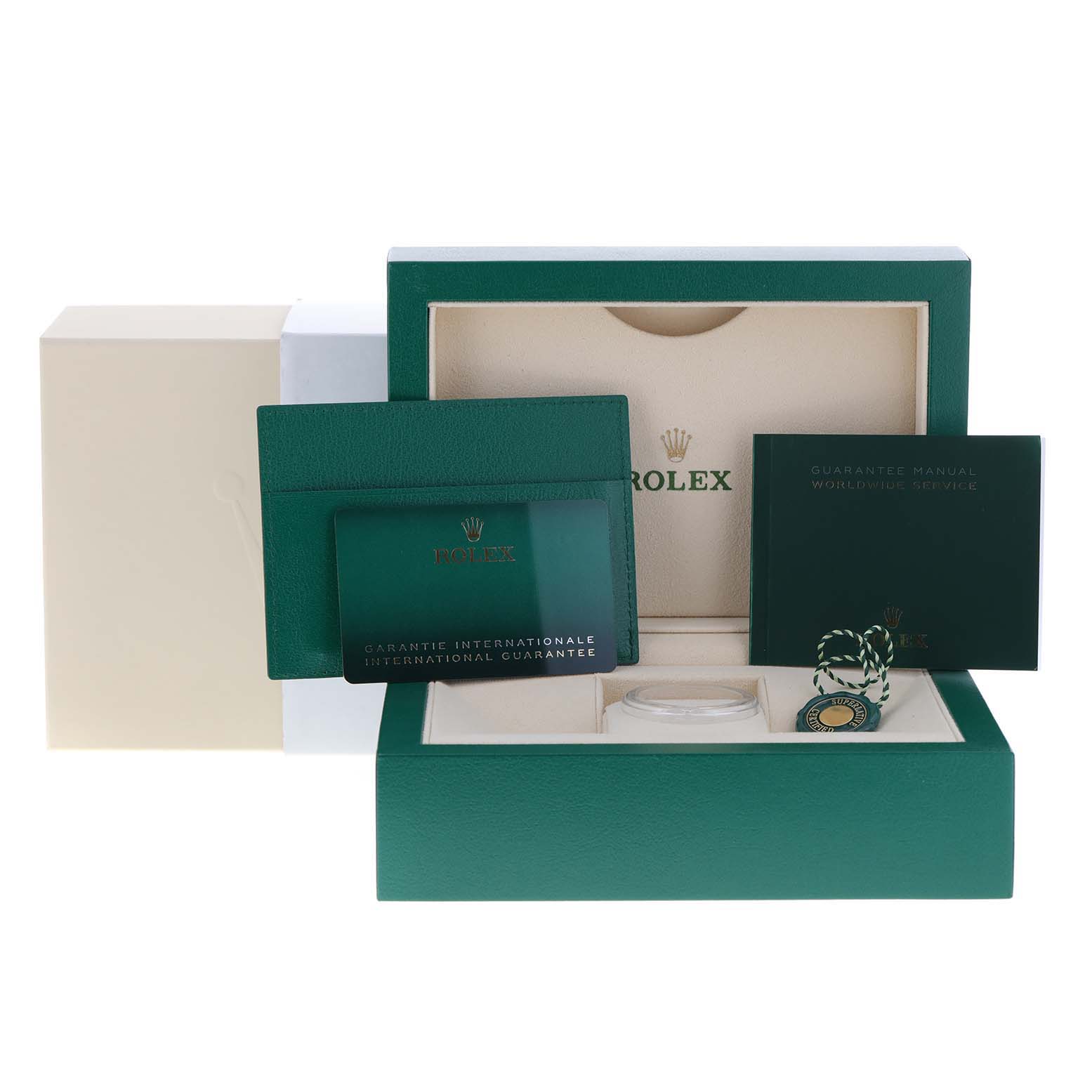 The image shows the packaging and accessories for a Rolex Submariner 124060 Men
s Stainless Steel Black Dial 124060 Men
s Stainless Steel Black Dial watch, including a box, guarantee card, manual, and tag.