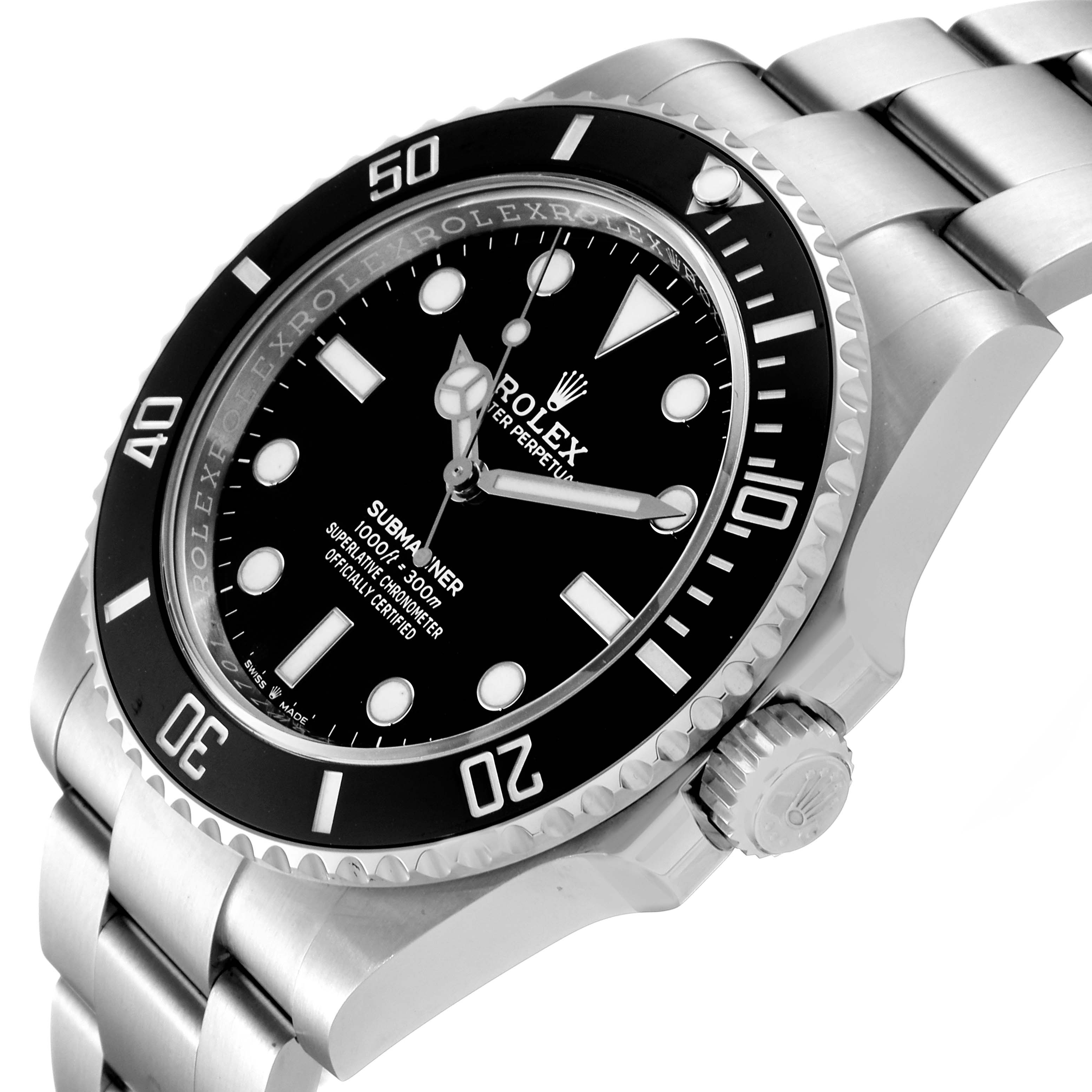 This image shows the face, bezel, crown, and part of the bracelet of a Rolex Submariner 124060 Men
s Stainless Steel Black Dial 124060 Men
s Stainless Steel Black Dial watch from a slight angle.