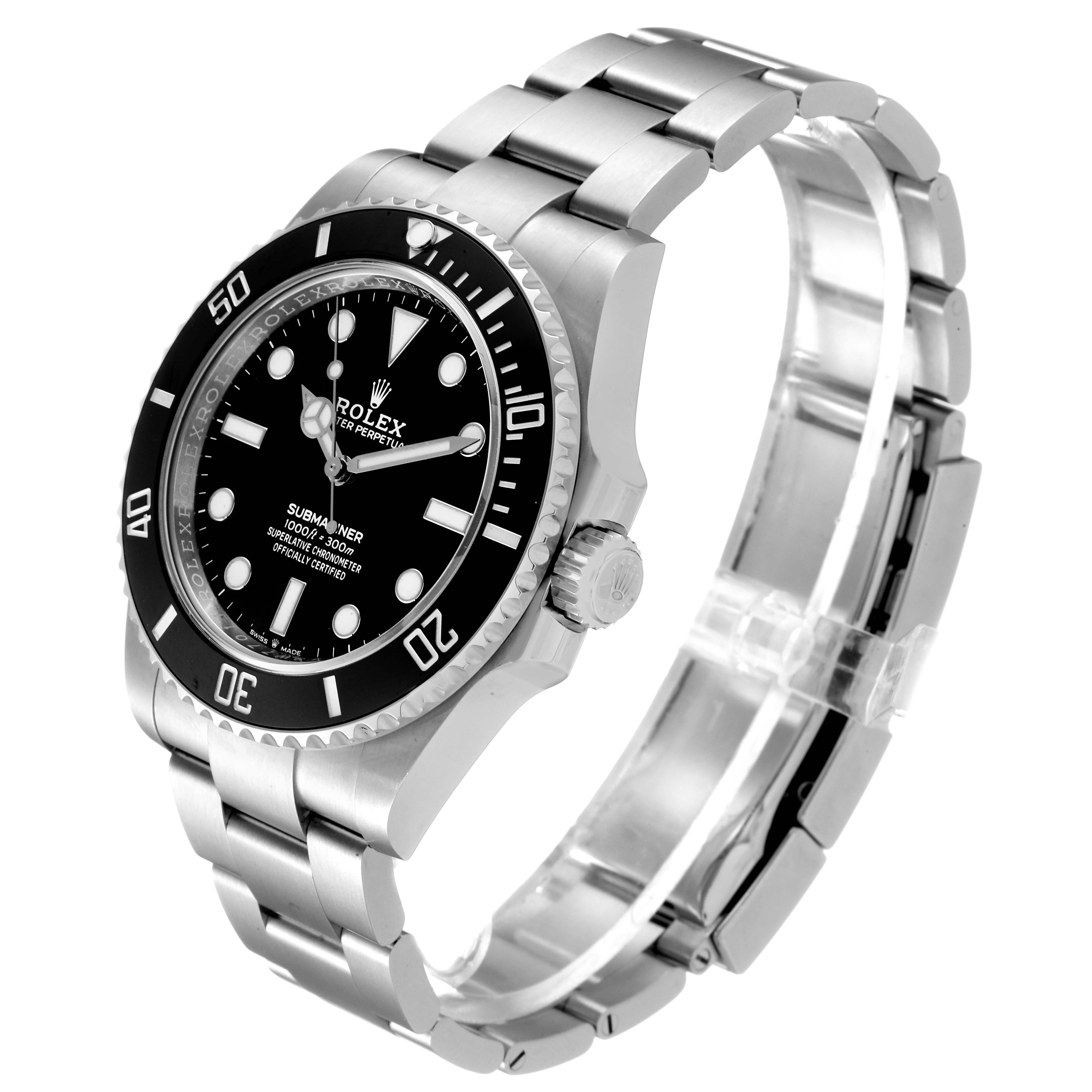 The image shows a side angle view of a Rolex Submariner 124060 Men
s Stainless Steel Black Dial 124060 Men
s Stainless Steel Black Dial watch, highlighting the black bezel, dial, and metal bracelet.