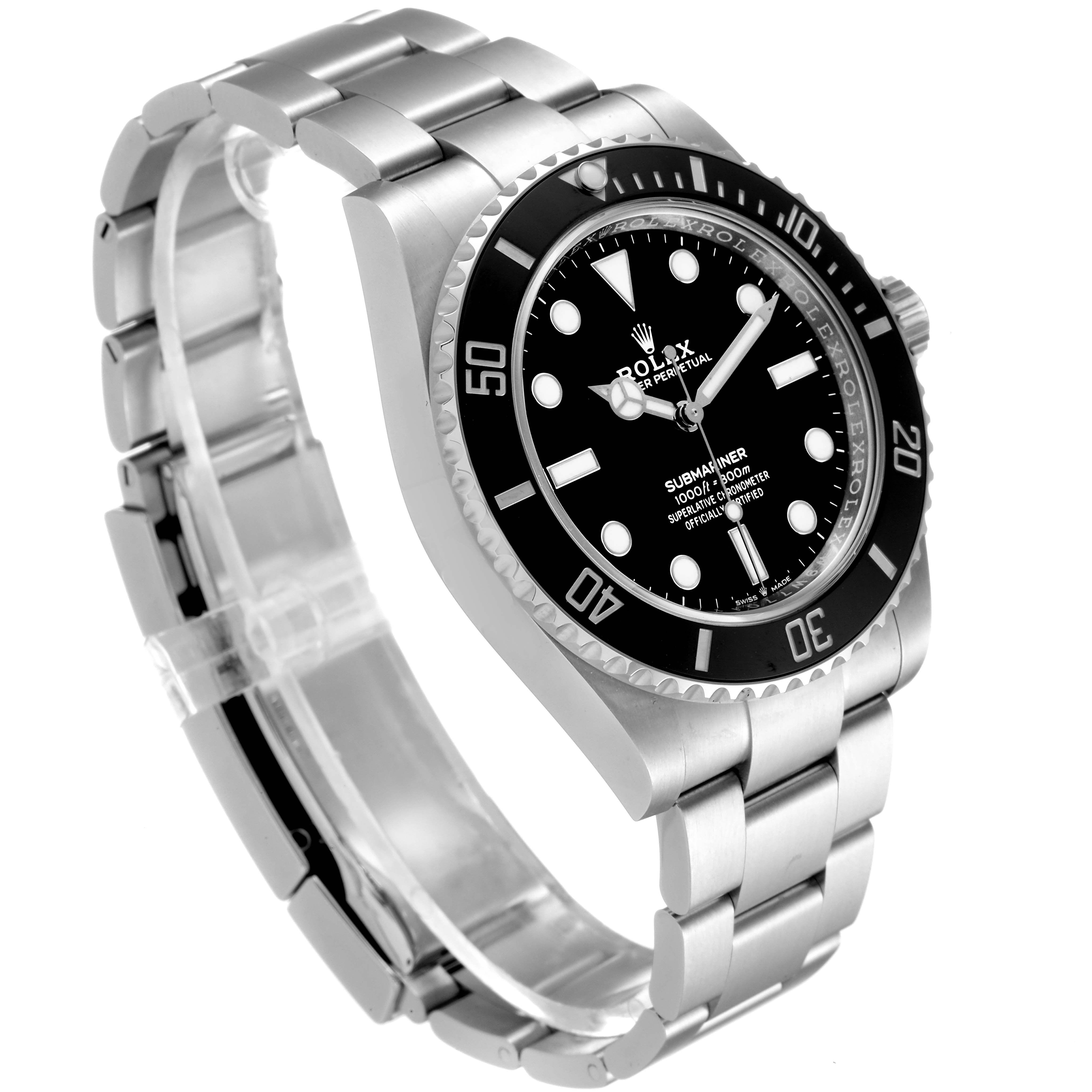 The image shows a side angle of the Rolex Submariner 124060 Men
s Stainless Steel Black Dial 124060 Men
s Stainless Steel Black Dial watch, highlighting its case, bezel, dial, and bracelet.