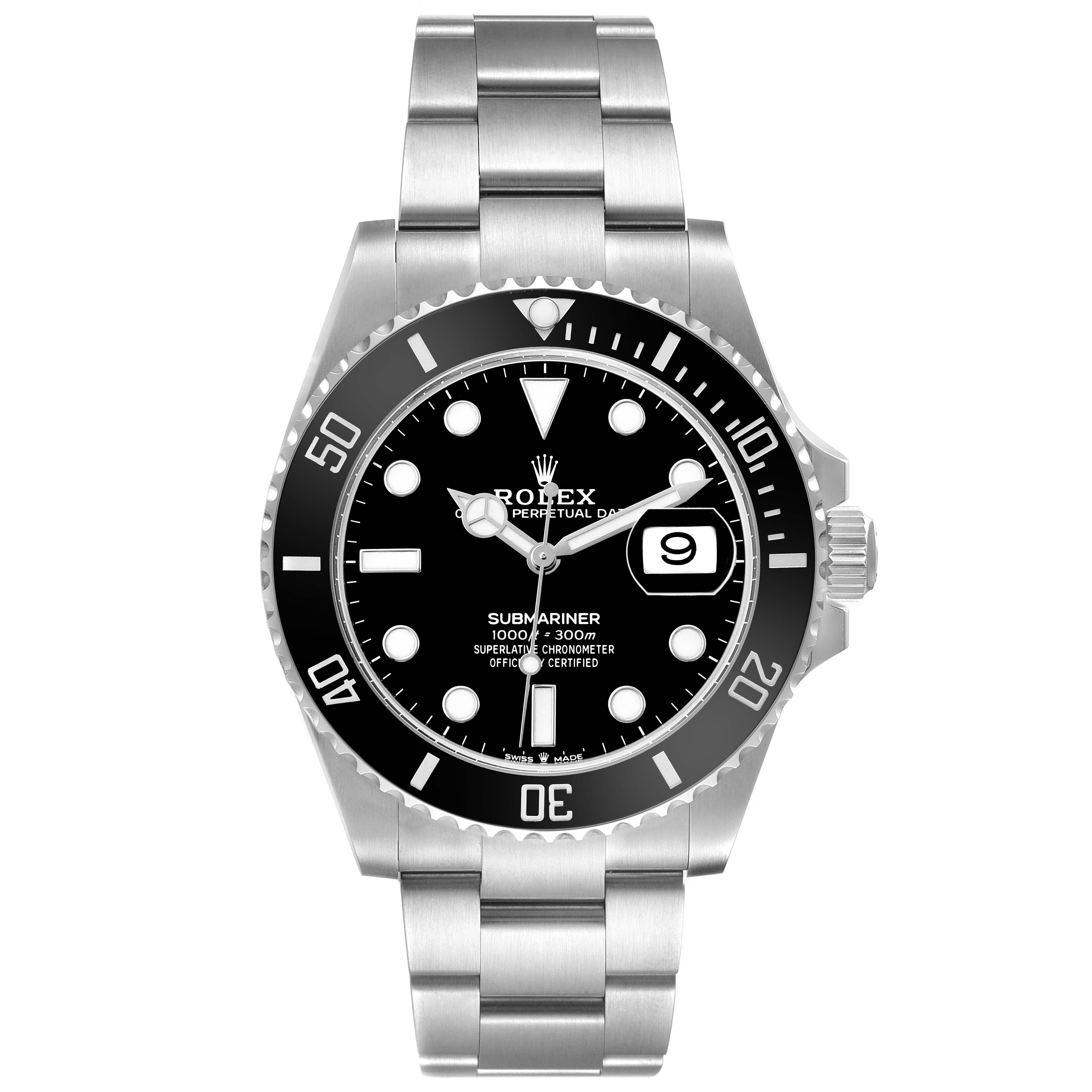The Rolex Submariner 126610 Men's Stainless Steel Black Dial watch is shown from a front angle, displaying the dial, bezel, crown, and metal bracelet.