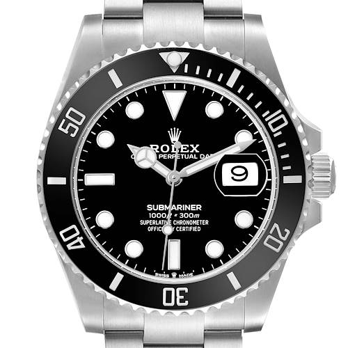 The image shows a front view of the Rolex Submariner 126610 Men's Stainless Steel Black Dial, highlighting the dial, bezel, and part of the bracelet.