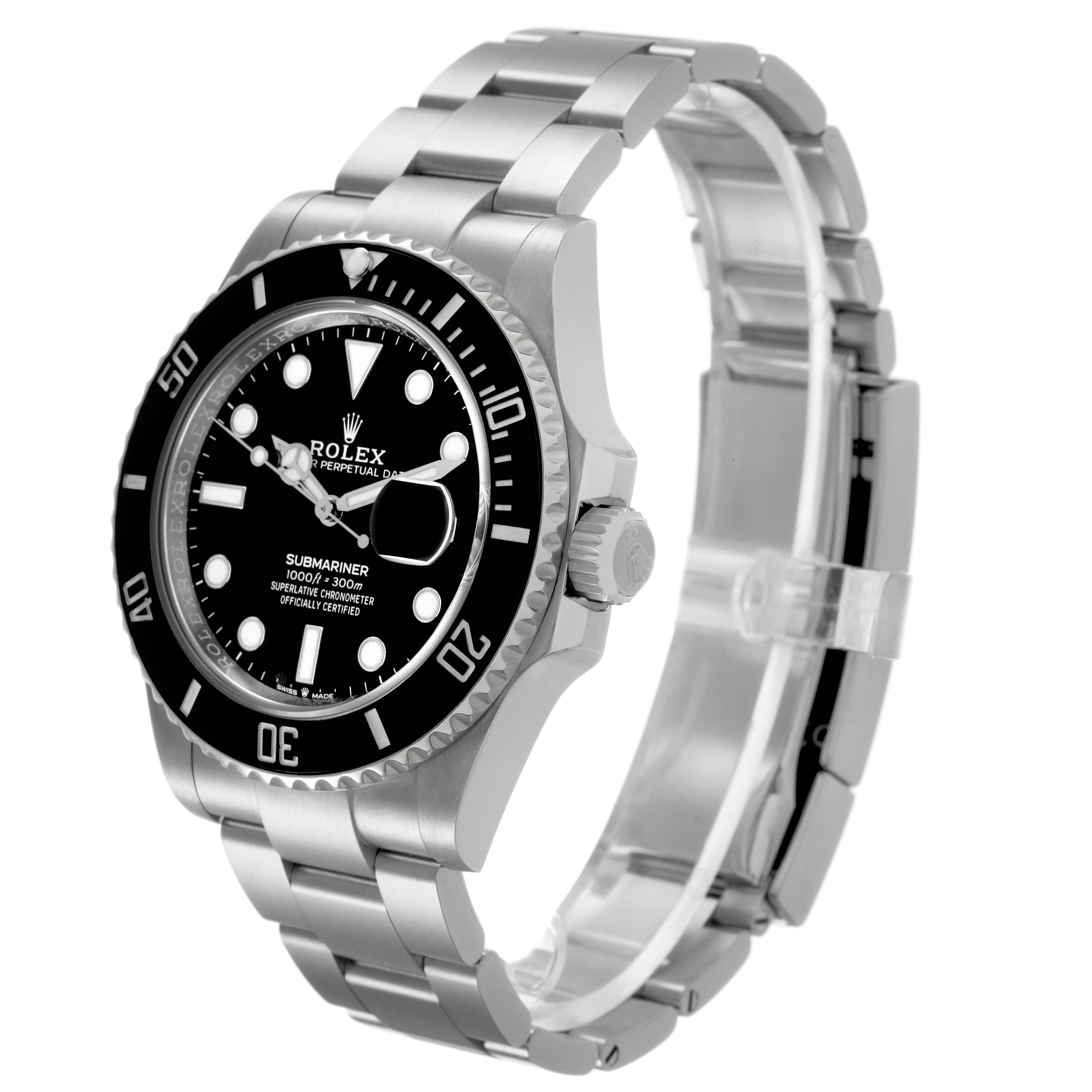 The Rolex Submariner 126610 Men's Stainless Steel Black Dial watch is shown at a three-quarter angle, highlighting the face, bezel, crown, and bracelet.