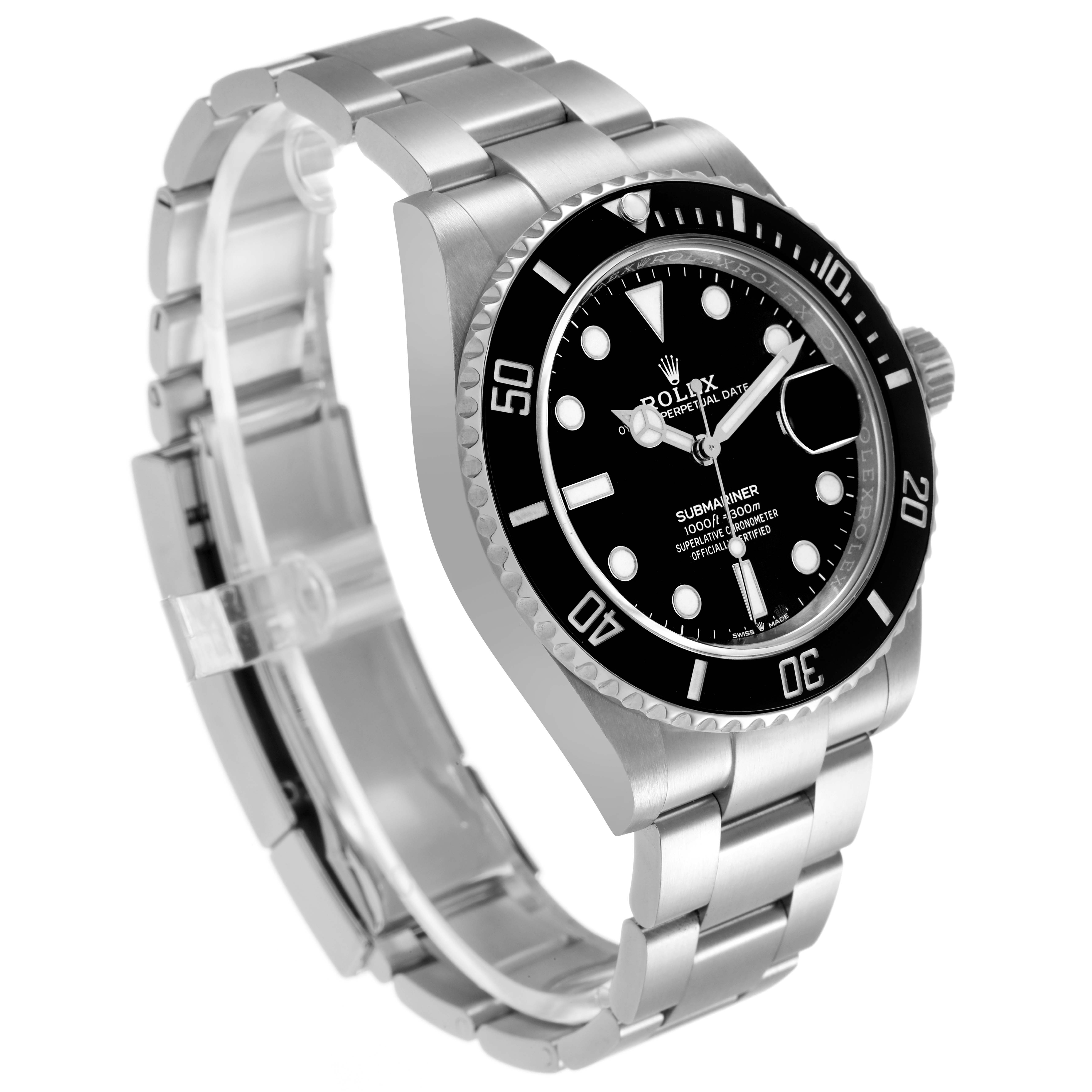 The Rolex Submariner 126610 Men's Stainless Steel Black Dial watch is shown at a three-quarter angle, highlighting the dial, bezel, and bracelet.