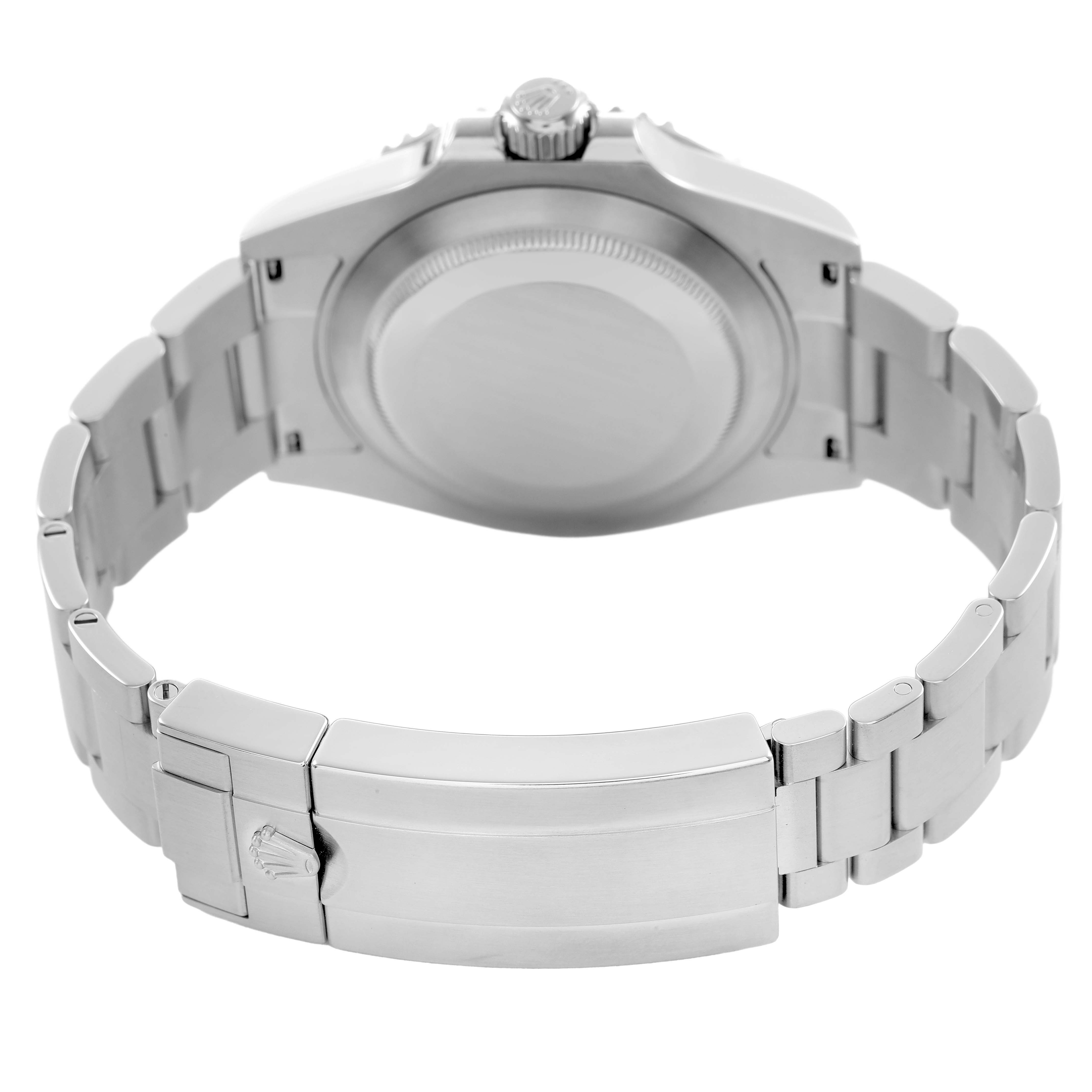 The Rolex Submariner 126610 Men's Stainless Steel Black Dial is shown from the back, highlighting the caseback, bracelet, and clasp.
