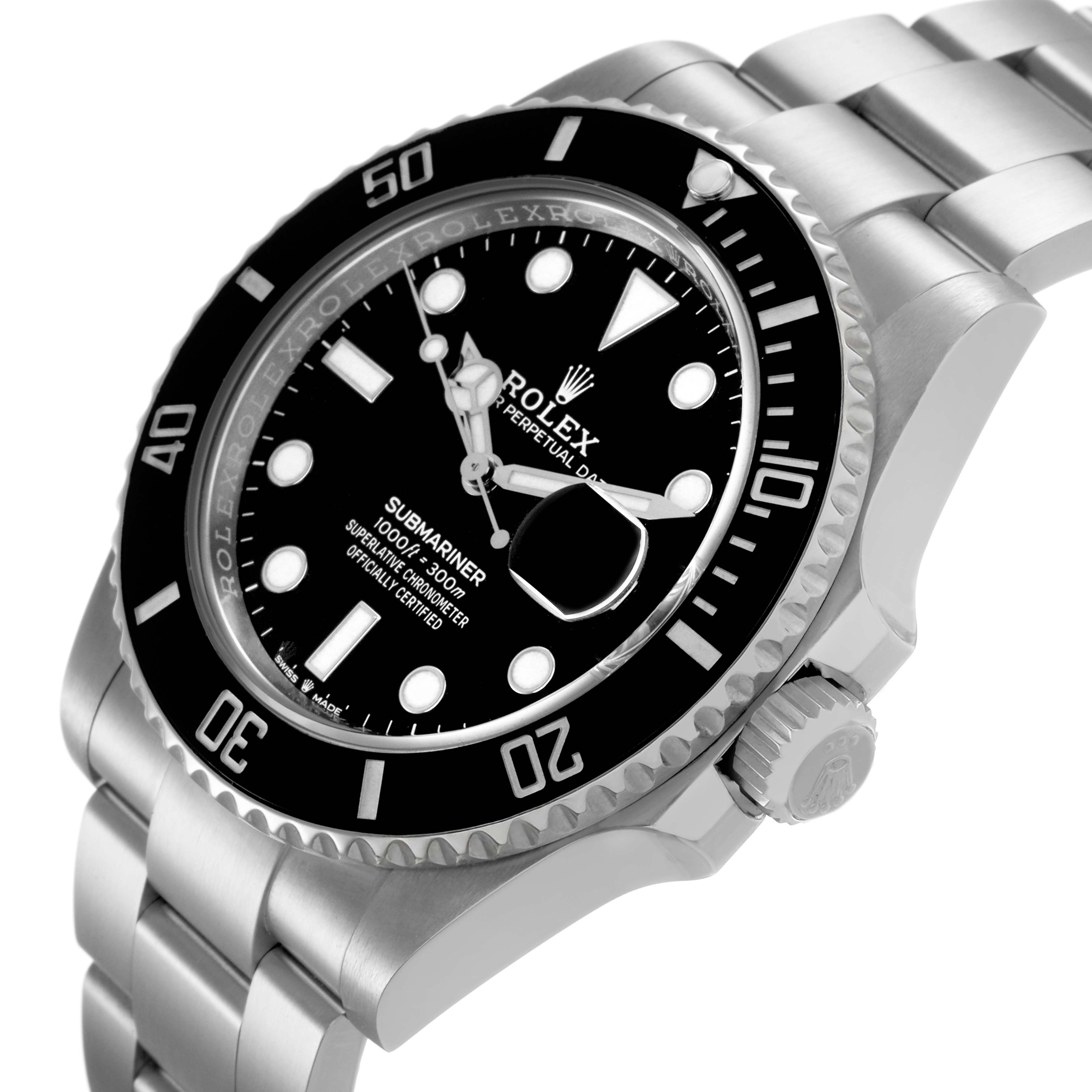 The Rolex Submariner 126610 Men's Stainless Steel Black Dial watch is shown at an angled view, highlighting the bezel, dial, case, crown, and part of the bracelet.