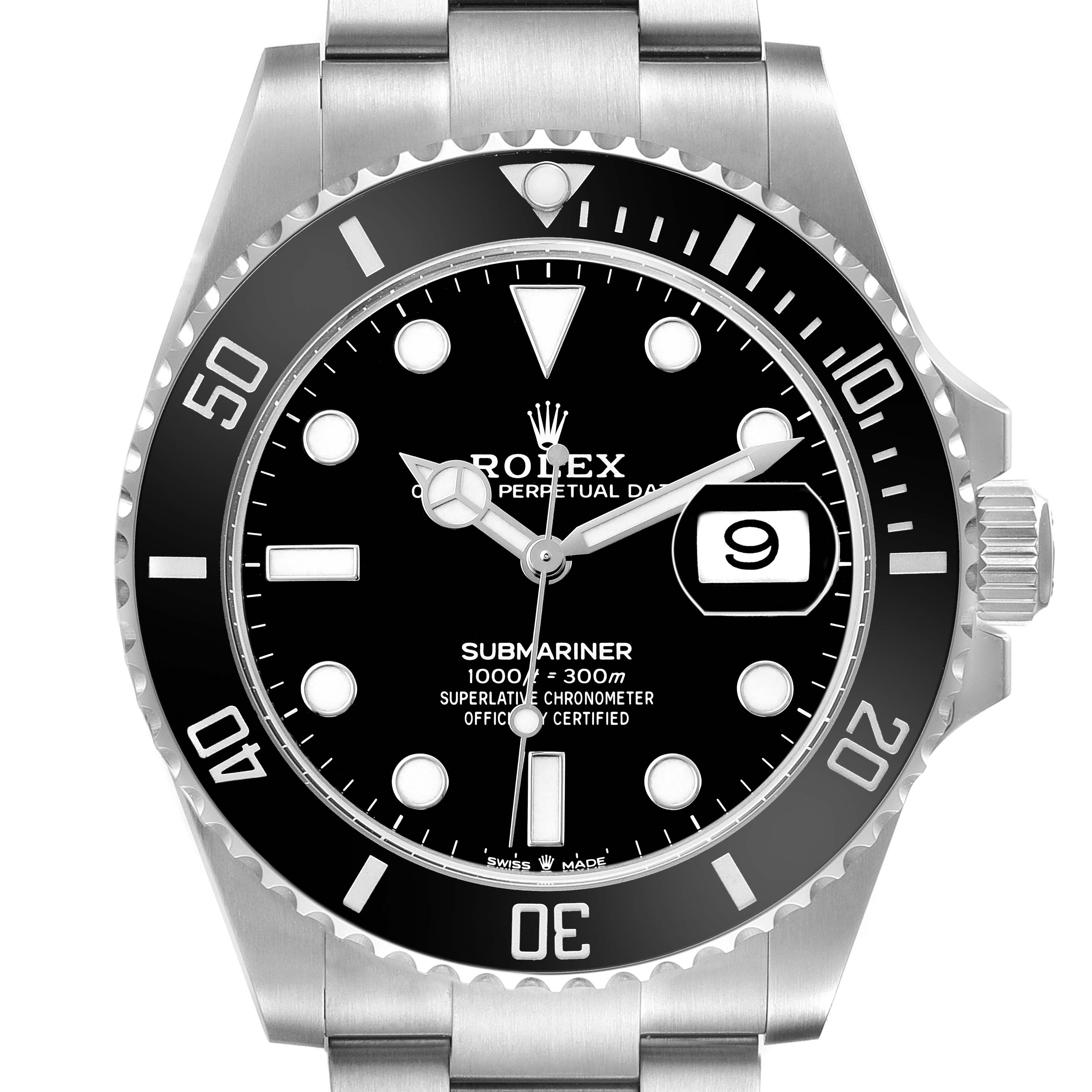 The image shows a front view of a Rolex Submariner 126610 Men's Stainless Steel Black Dial watch, highlighting the dial, bezel, and part of the bracelet.