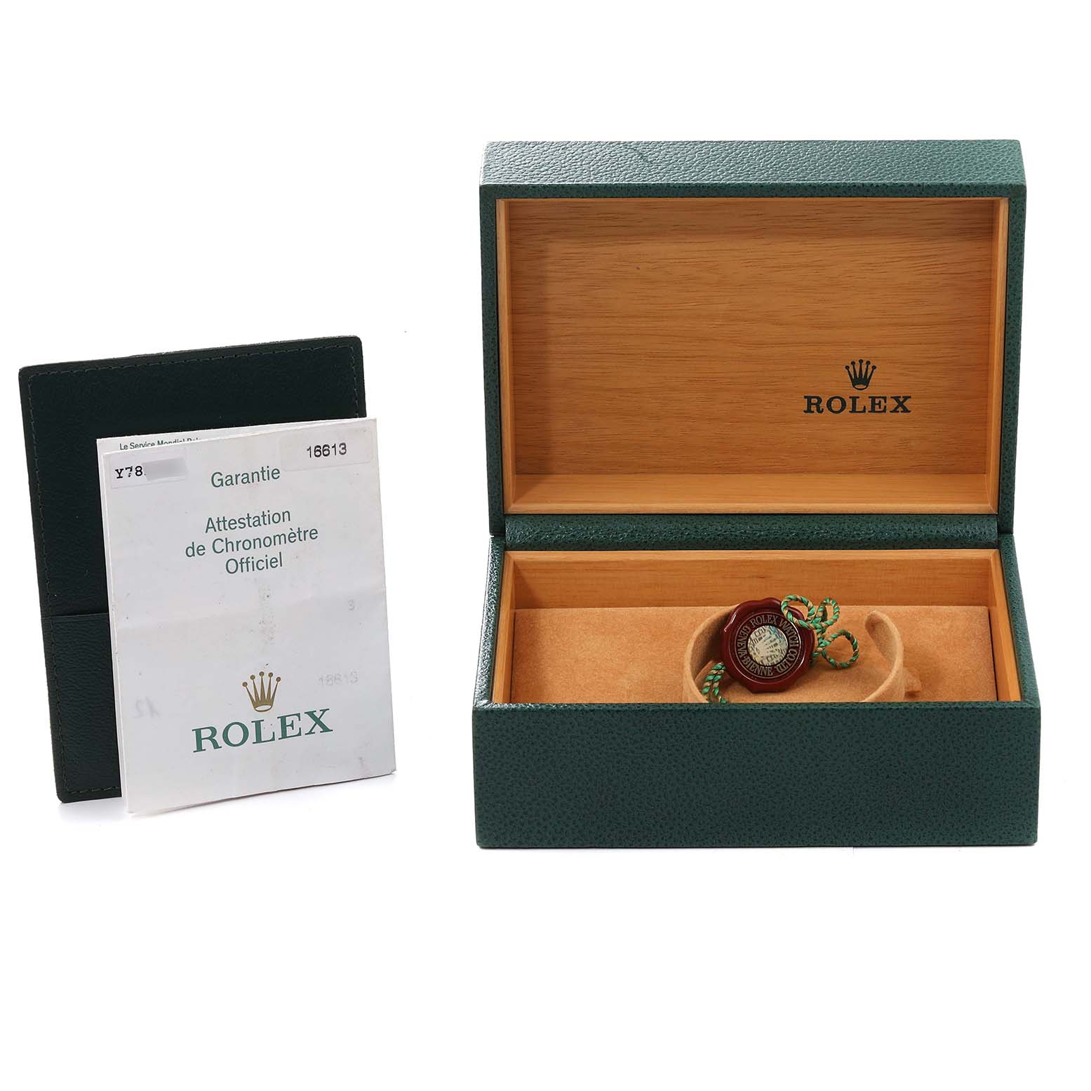 The image shows a Rolex Submariner 16613 Men's Steel and Gold (two tone) Grey Dial 16613 Men's Steel and Gold (two tone) Grey Dial watch box, warranty card, and a hang tag, with the box open and empty.