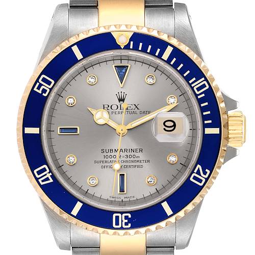 Photo of Rolex Submariner Steel Gold Diamond Sapphire Serti Dial Watch 16613 Box Papers