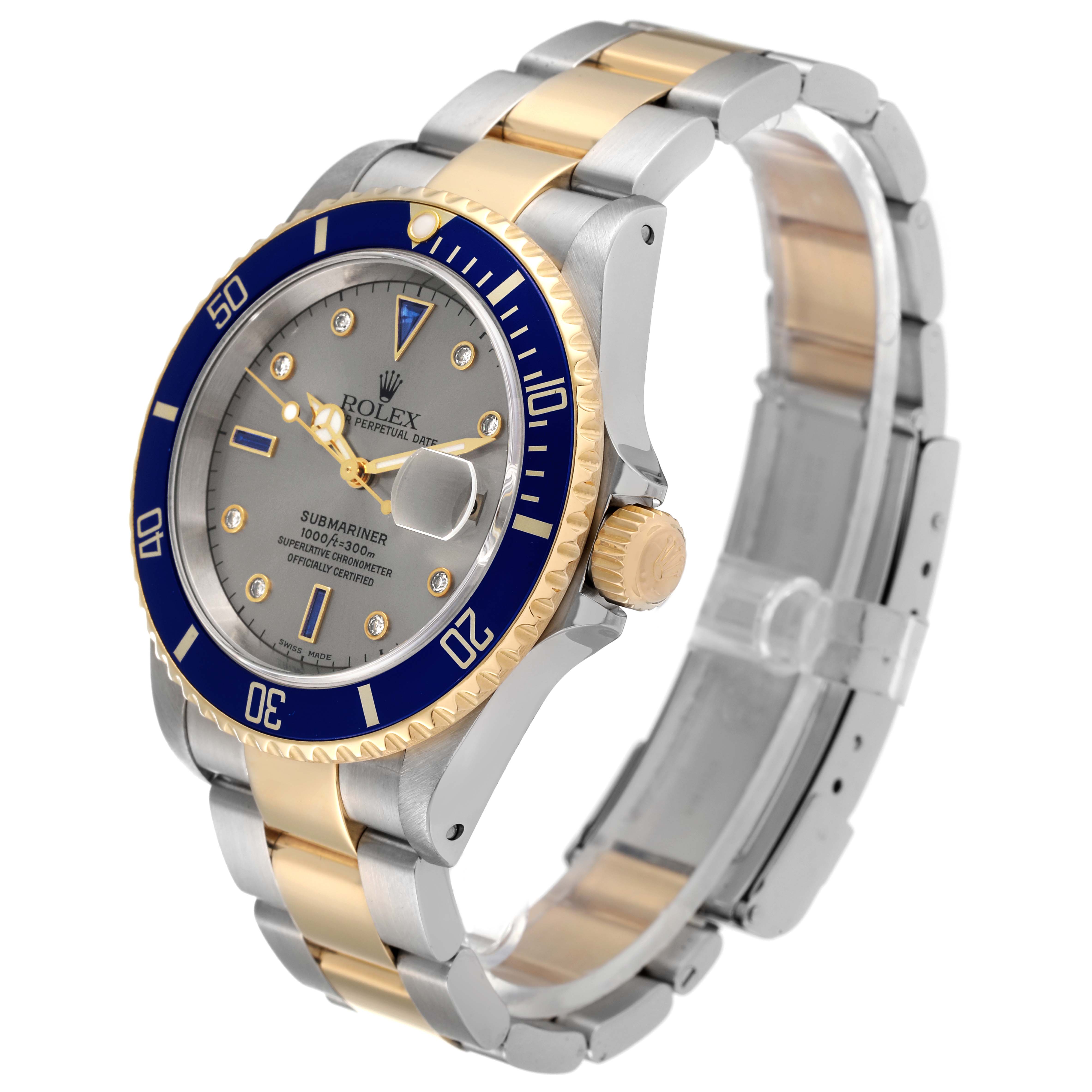 This image shows a Rolex Submariner 16613 Men's Steel and Gold (two tone) Grey Dial 16613 Men's Steel and Gold (two tone) Grey Dial watch from a top-side angle, highlighting the bezel, dial, crown, and bracelet.