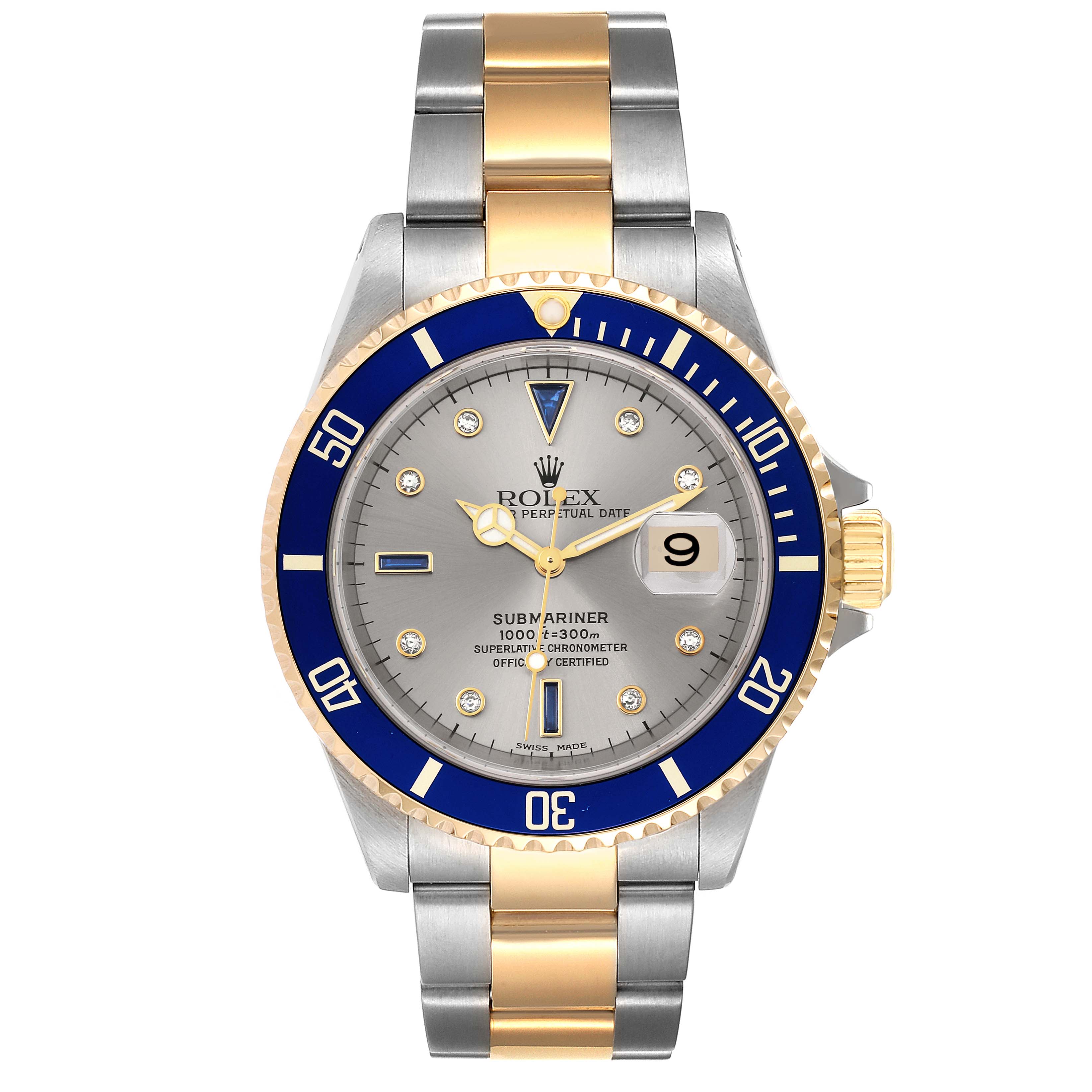 This image shows a front view of a Rolex Submariner 16613 Men's Steel and Gold (two tone) Grey Dial 16613 Men's Steel and Gold (two tone) Grey Dial watch, displaying its dial, bezel, and bracelet.