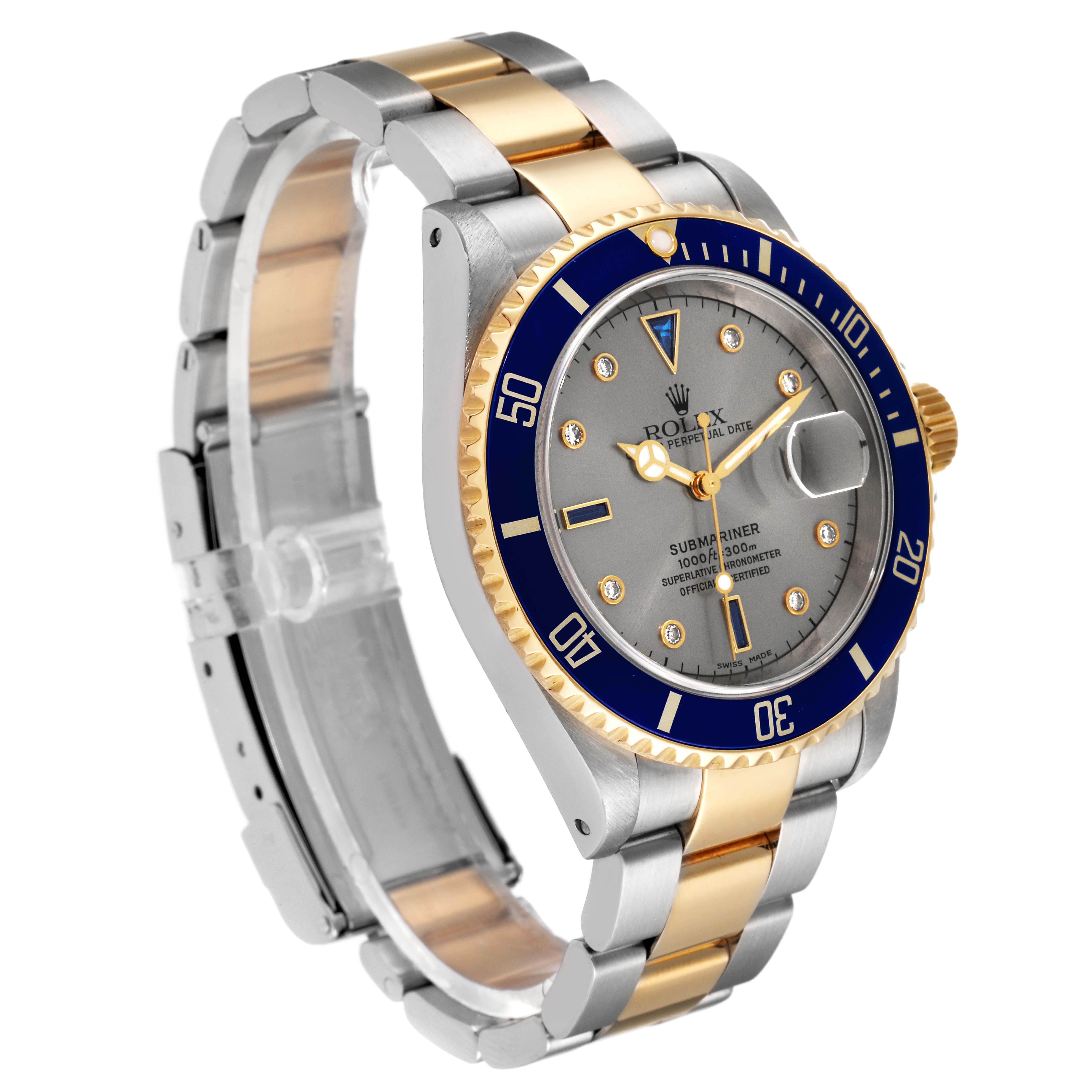 The image shows a Rolex Submariner 16613 Men's Steel and Gold (two tone) Grey Dial 16613 Men's Steel and Gold (two tone) Grey Dial watch from an angled side view, highlighting its dual-tone bracelet, bezel, and face.