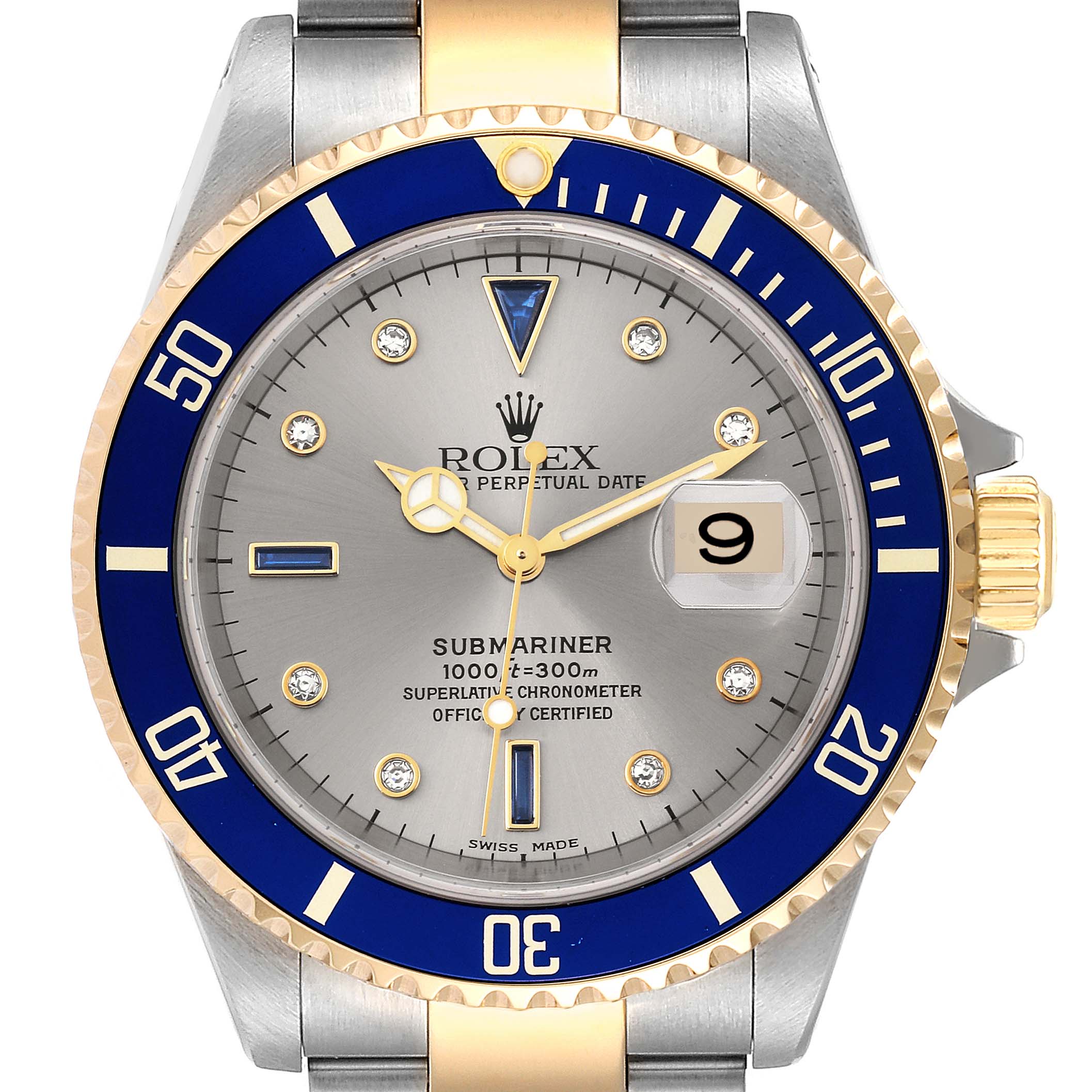 The image shows a front view of a Rolex Submariner 16613 Men's Steel and Gold (two tone) Grey Dial 16613 Men's Steel and Gold (two tone) Grey Dial watch displaying the face, bezel, and part of the bracelet with a date feature.