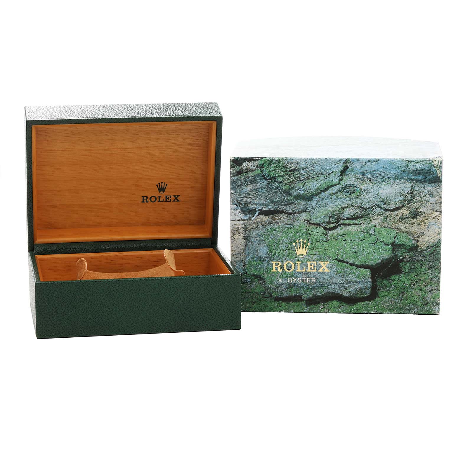 The image shows an open Rolex Submariner 16610LV Men's Stainless Steel Black Dial box with a green and wood interior next to its outer packaging.