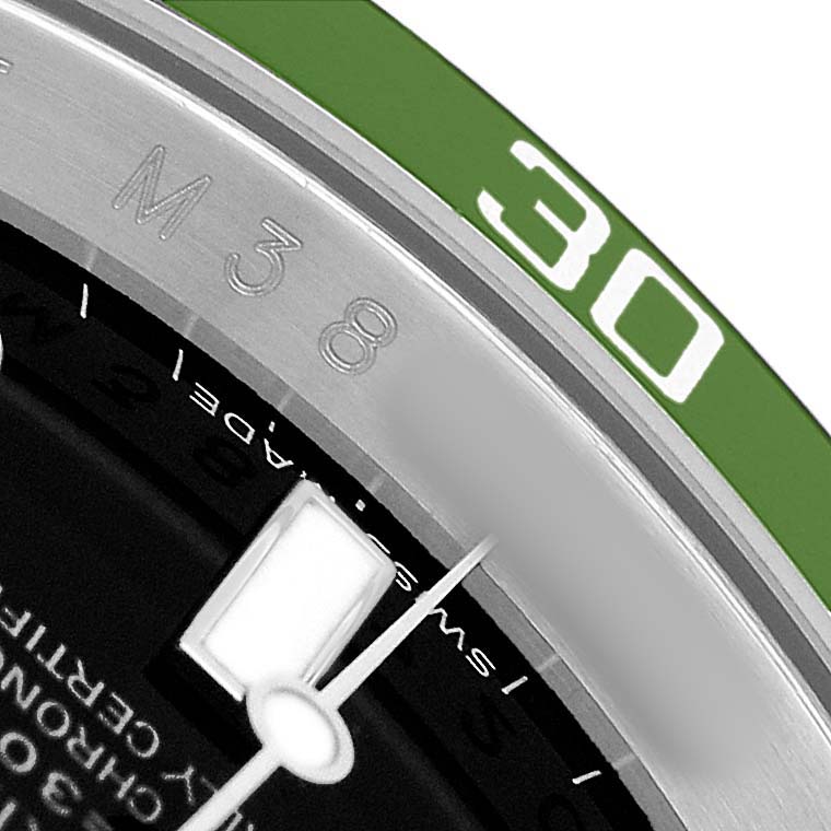 The image shows a close-up of the Rolex Submariner 16610LV Men's Stainless Steel Black Dial's dial, bezel, and part of the minute hand at an angled view.