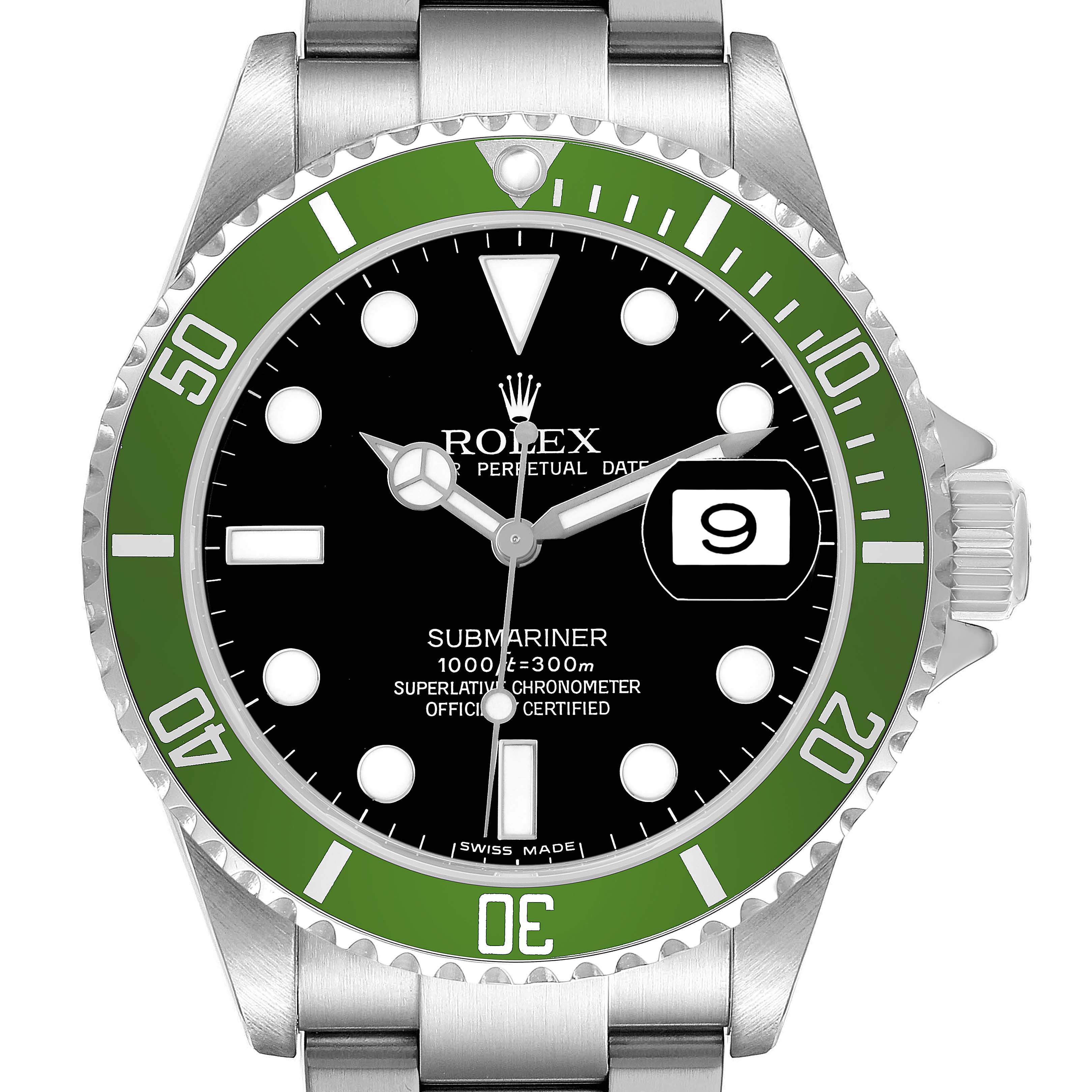 This image shows a front view of the Rolex Submariner 16610LV Men's Stainless Steel Black Dial, highlighting the bezel, dial, and bracelet.