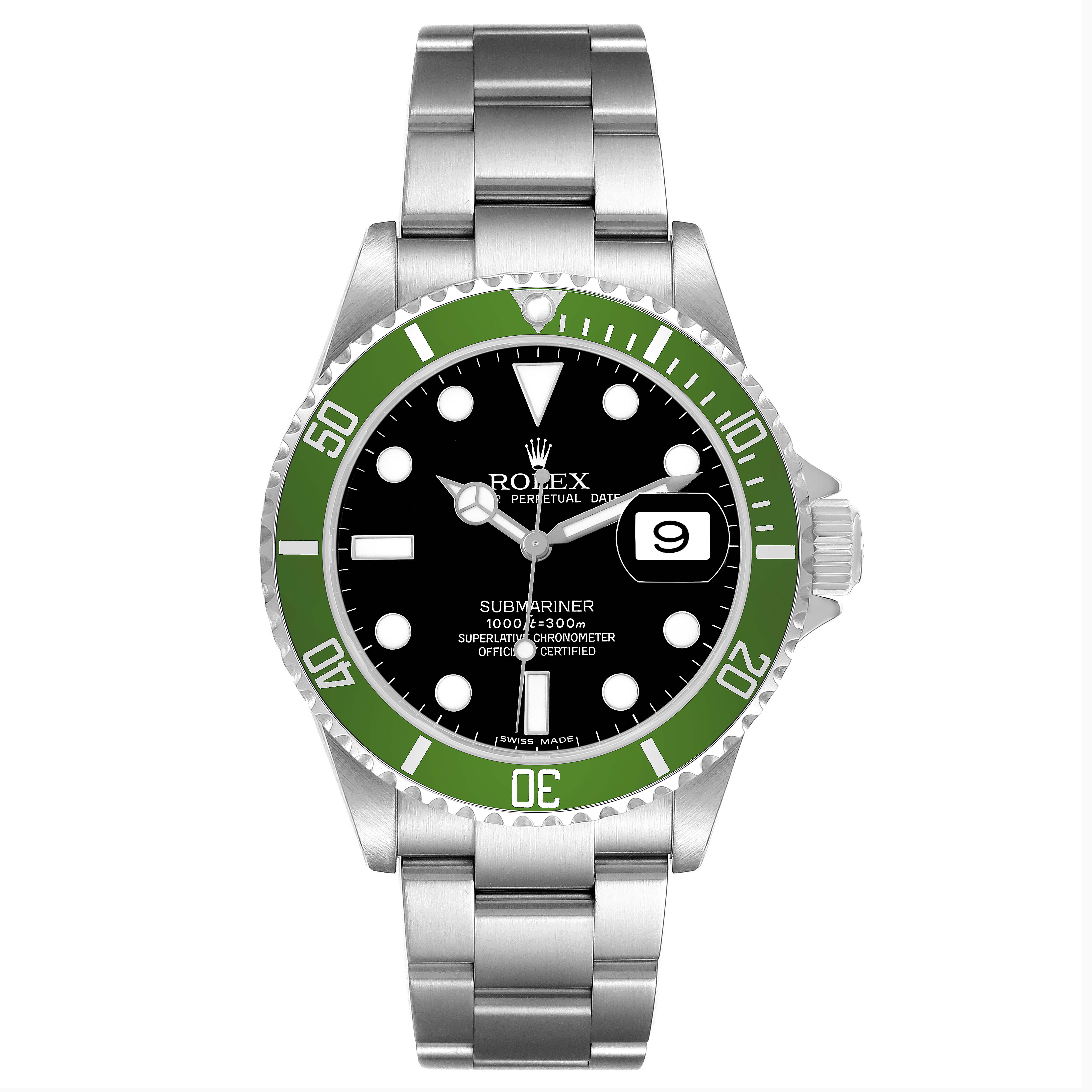 The Rolex Submariner 16610LV Men's Stainless Steel Black Dial is shown from the front, displaying the dial, bezel, crown, and bracelet.