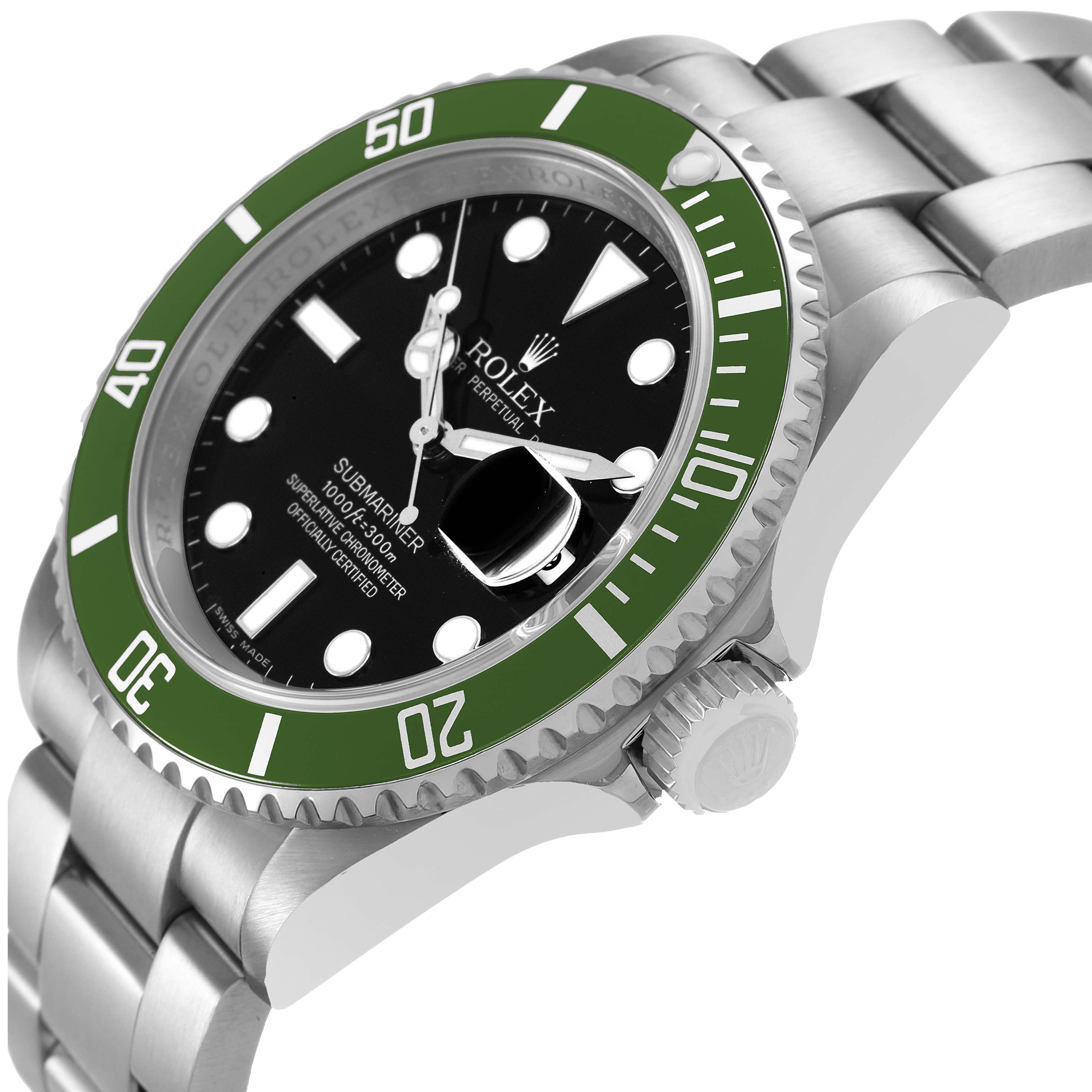 The Rolex Submariner 16610LV Men's Stainless Steel Black Dial watch is shown at a three-quarter angle highlighting the bezel, dial, crown, and part of the bracelet.